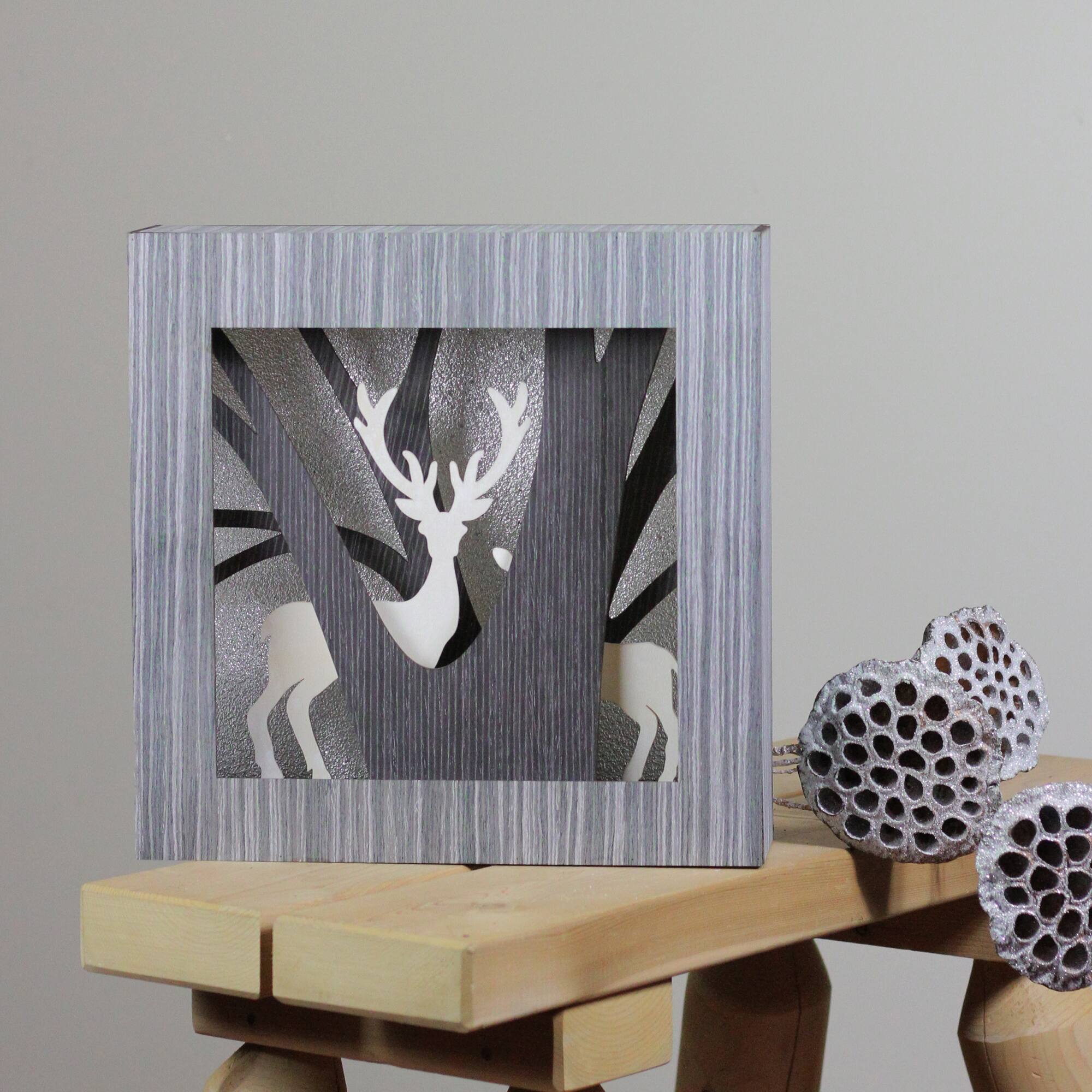 12&#x22; Glittered Woodland Deer Silhouette Box Framed Christmas Table D&#xE9;cor