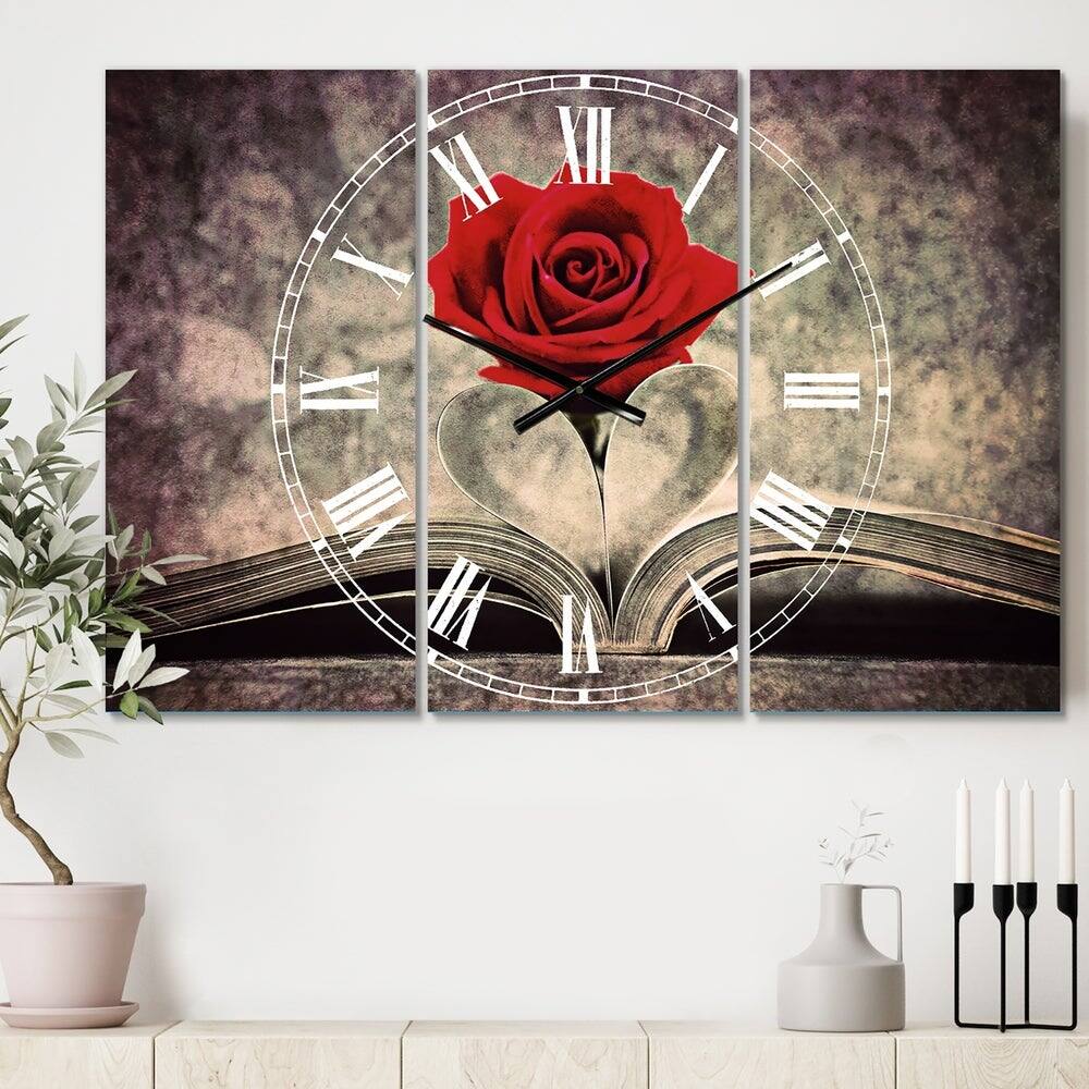 Designart Red Rose Inside The Book Multipanel Wall Clock