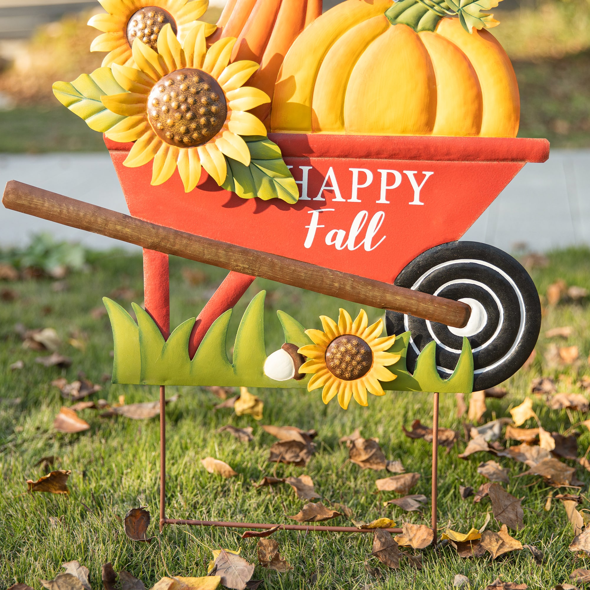 Glitzhome&#xAE; 2.5ft. Fall Metal Wheel Barrow Pumpkin Yard Stake