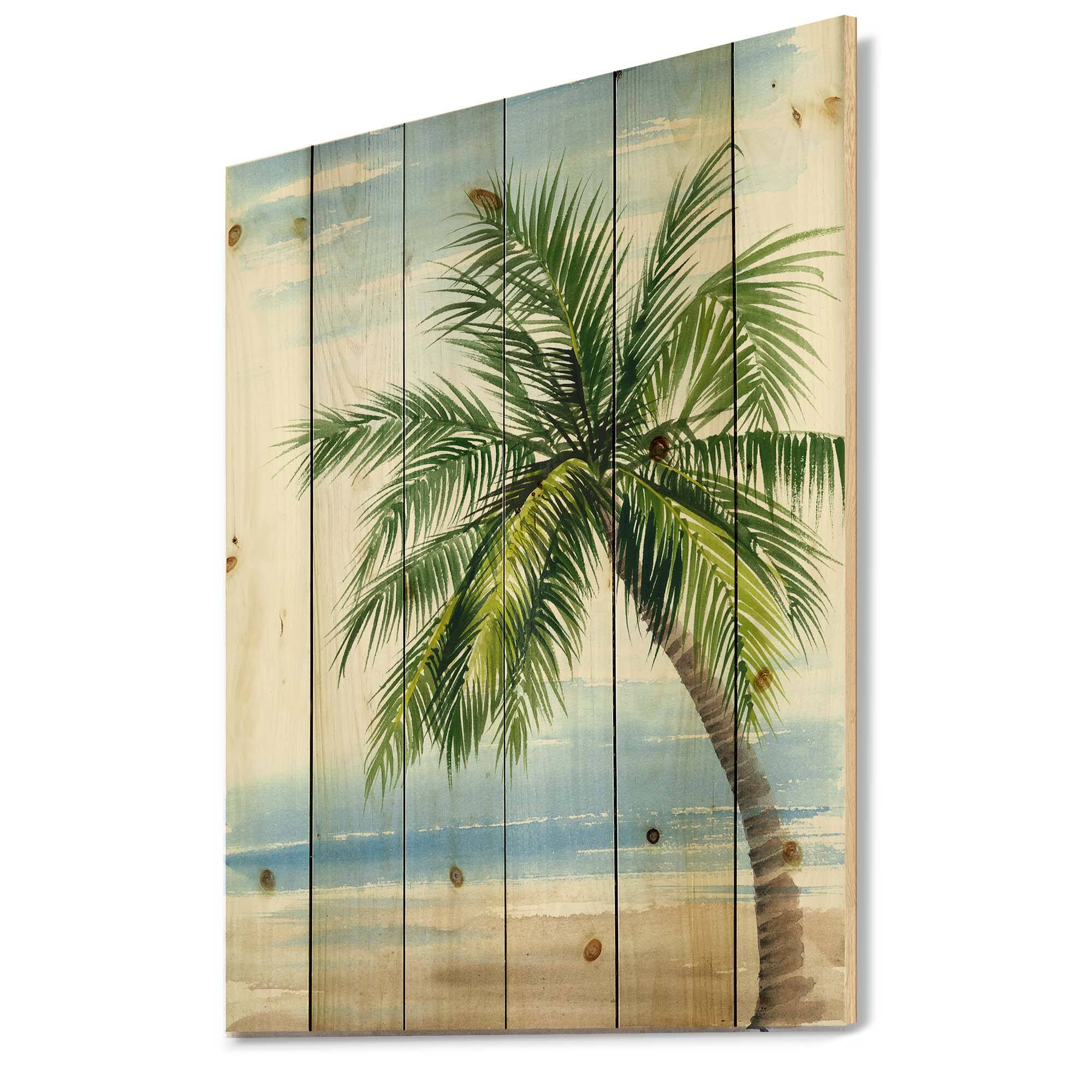 Designart - Palm Tree At The Beach Resort - Nautical &#x26; Coastal Print on Natural Pine Wood