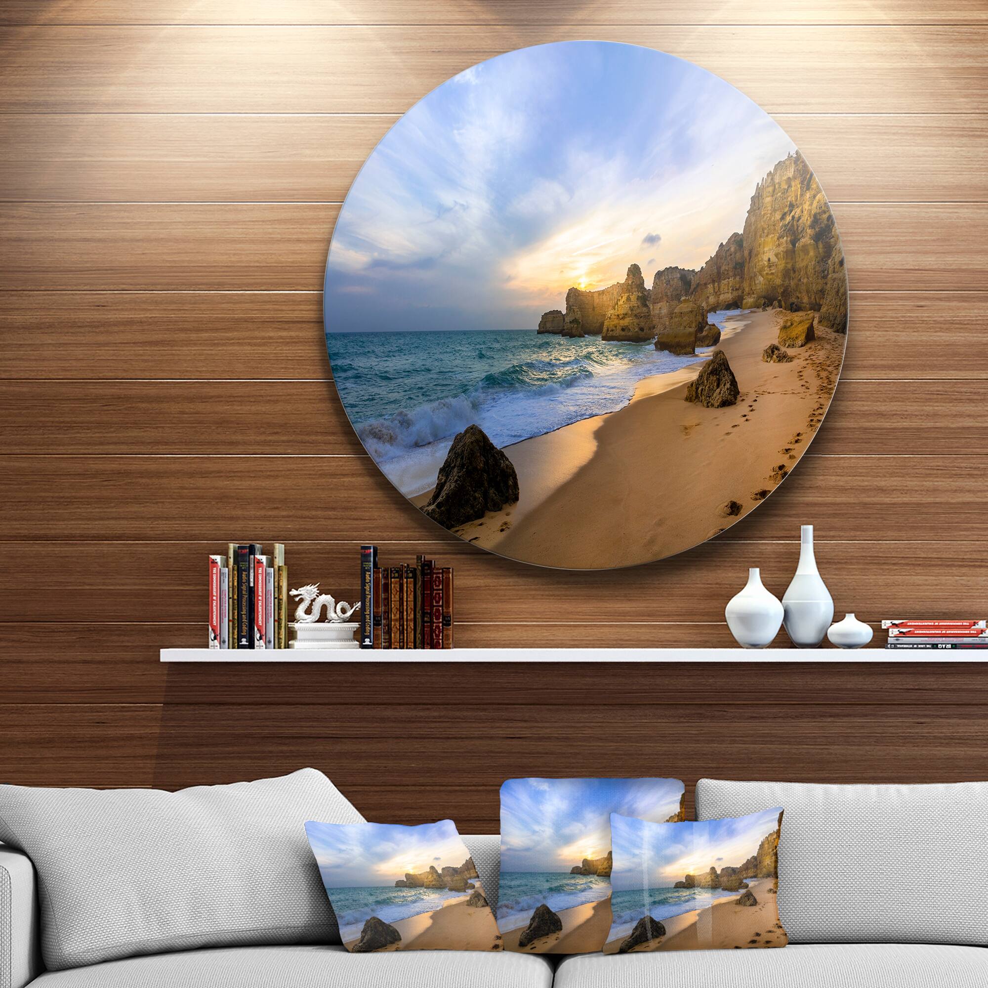 Designart - Beautiful Sunset over Algarve Portugal' Extra Large Seashore Metal Circle Wall Art
