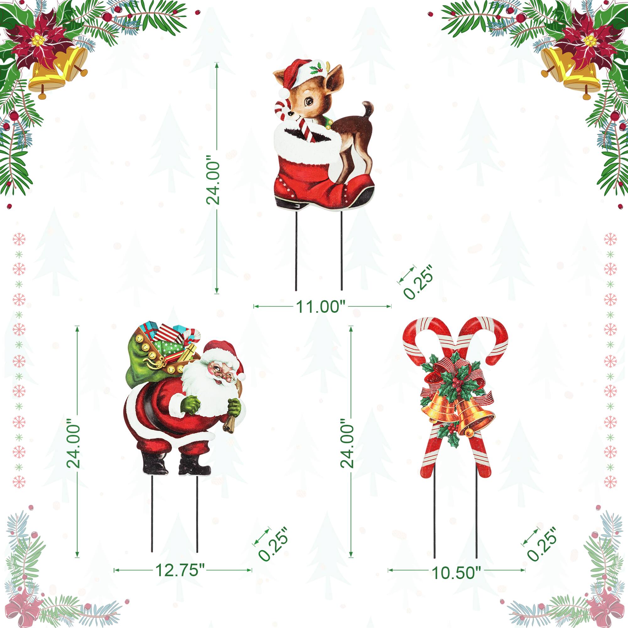 Glitzhome&#xAE; 24&#x22; Metal Glitter Santa, Reindeer &#x26; Candy Cane Yard Stake Set