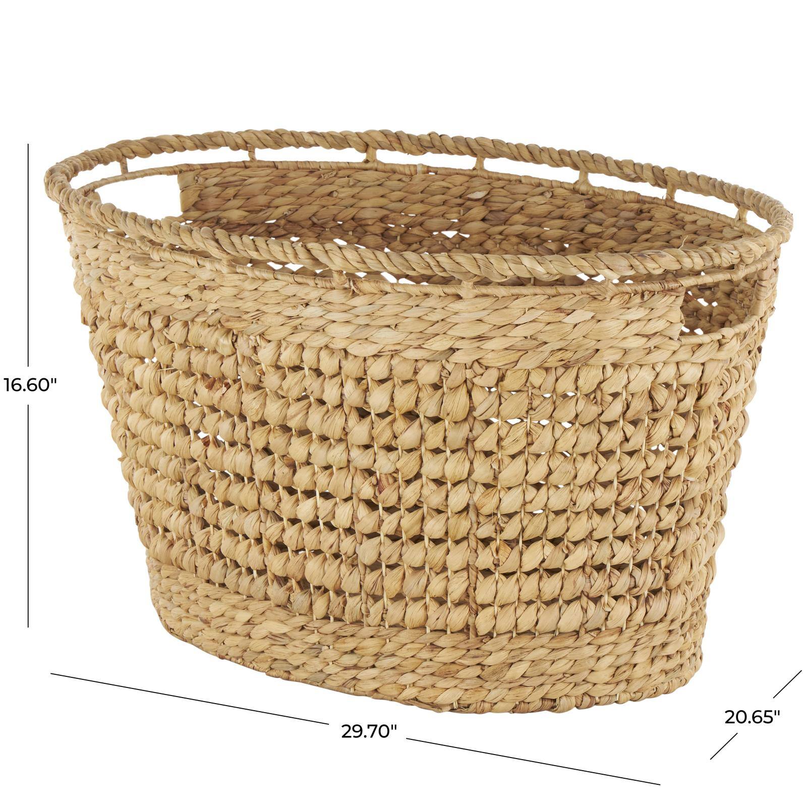 30" Brown Seagrass Handmade Woven Oval Storage Basket with Elevated Rim & Slot Handles