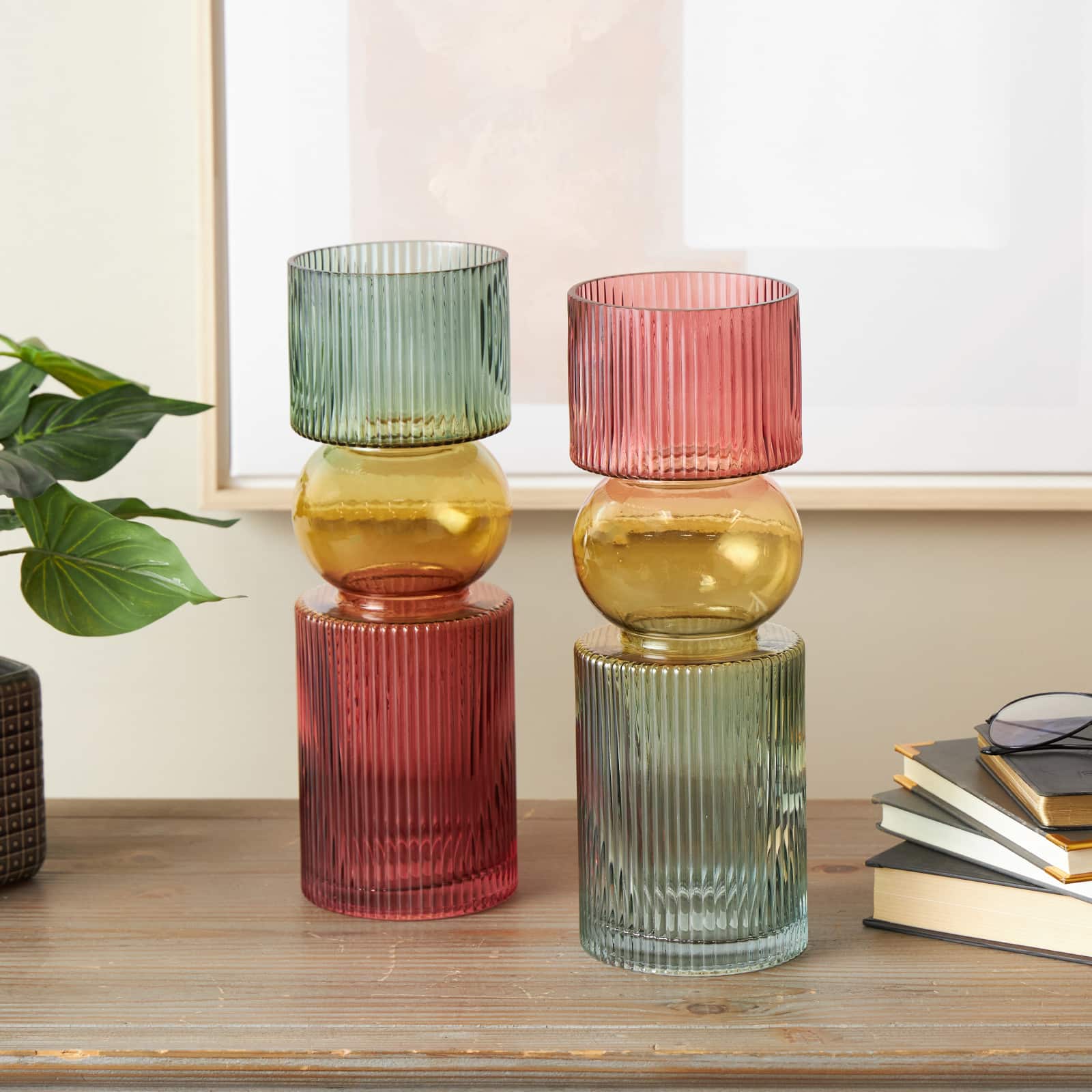 14" Multicolor Abstract Glass Ribbed Vase Set