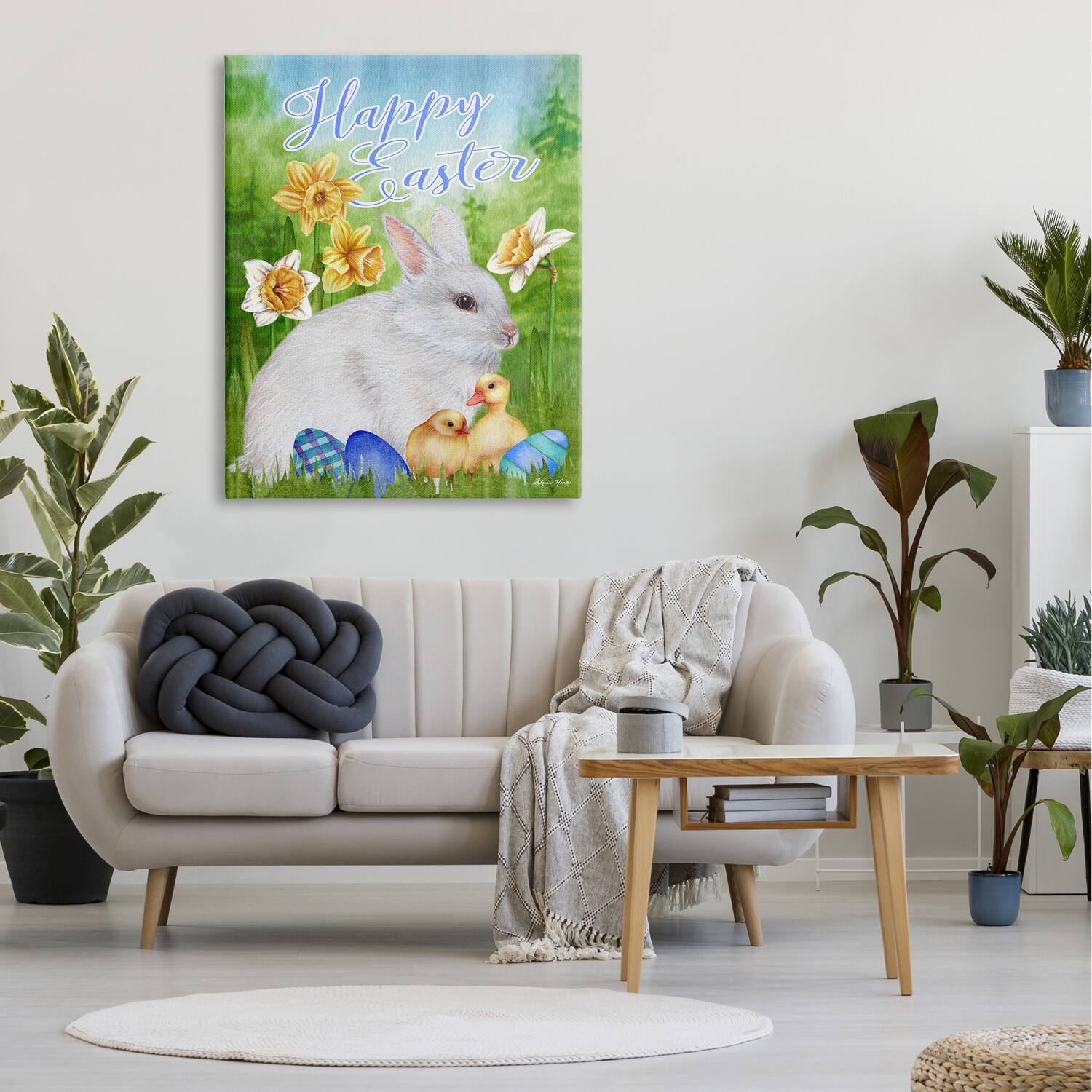 Stupell Industries Happy Easter Spring Bunny Rabbit Phrase Baby Chicks Canvas Wall Art