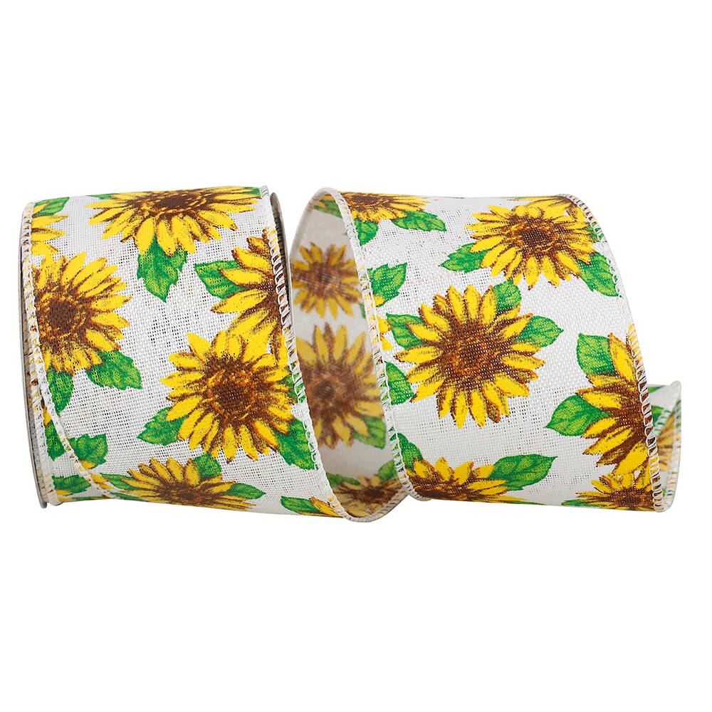 Reliant 2.5&#x22; x 10yd. Linen Wired Sunflowers All Around Ribbon
