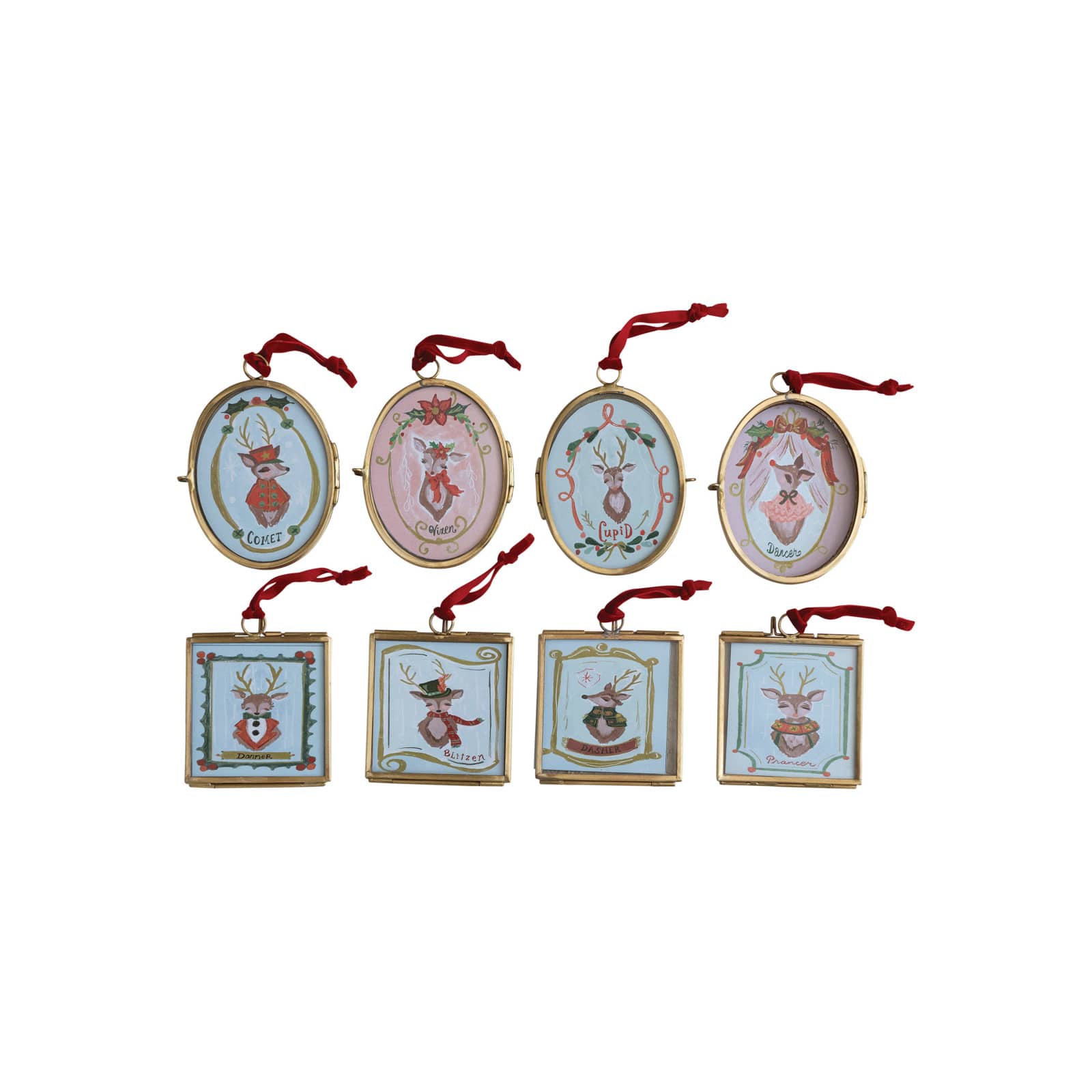 Hello Honey&#xAE; 8 Pack 4.25&#x22; Santa&#x27;s Reindeer Photo Frame Glass &#x26; Metal Ornaments
