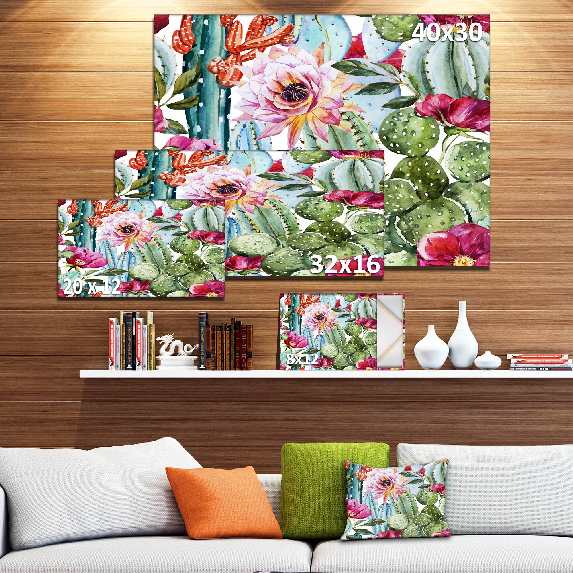 Designart - Cactus Pattern Watercolor - Floral Art Canvas Print