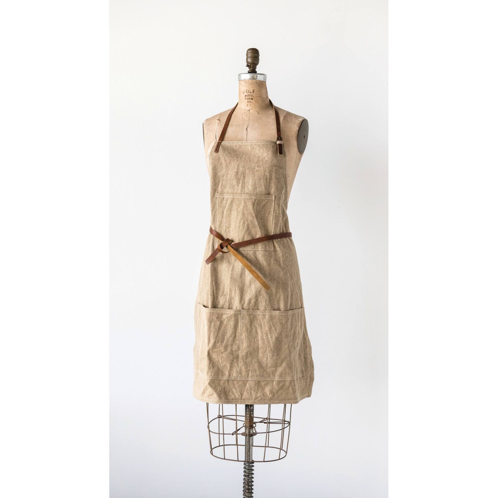 Hello Honey® Khaki Apron with Pockets & Leather Ties
