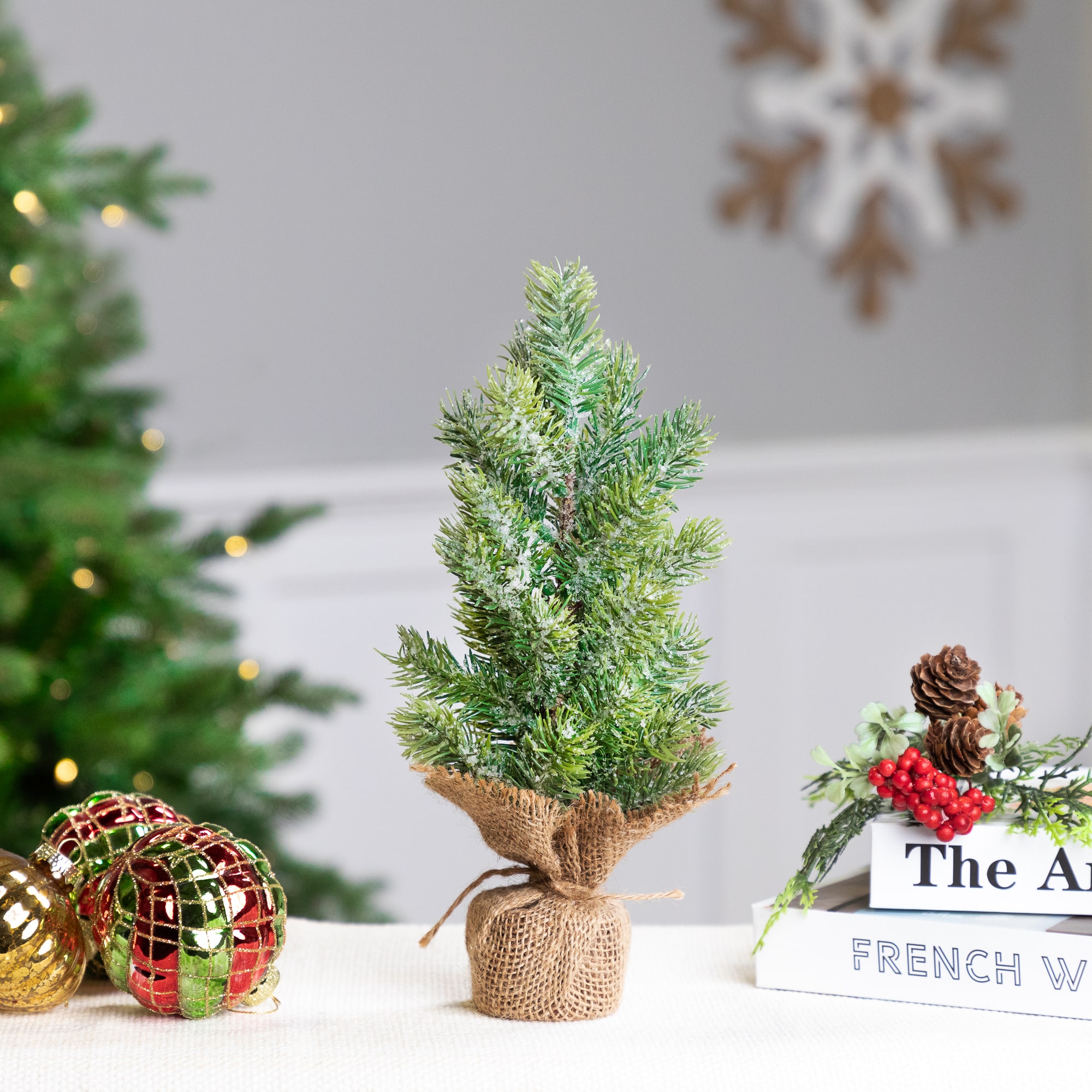 11.75" Unlit Frosted Icy Pine Christmas Tree in Burlap Base