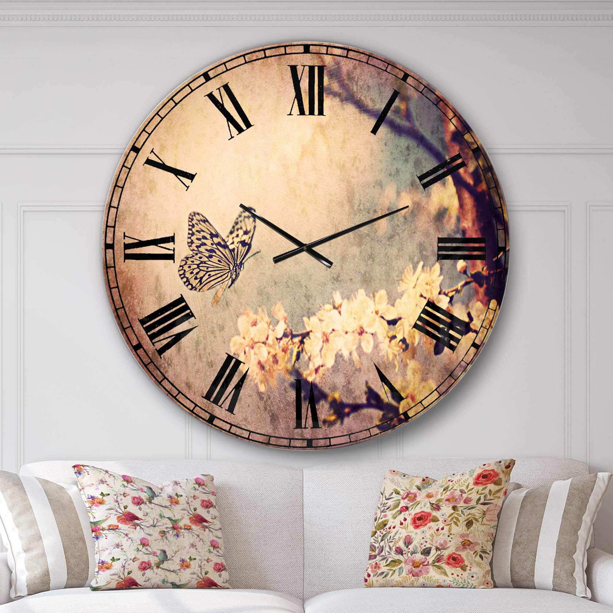 Designart Vintage Butterfly And Cherry Tree Wall Clock