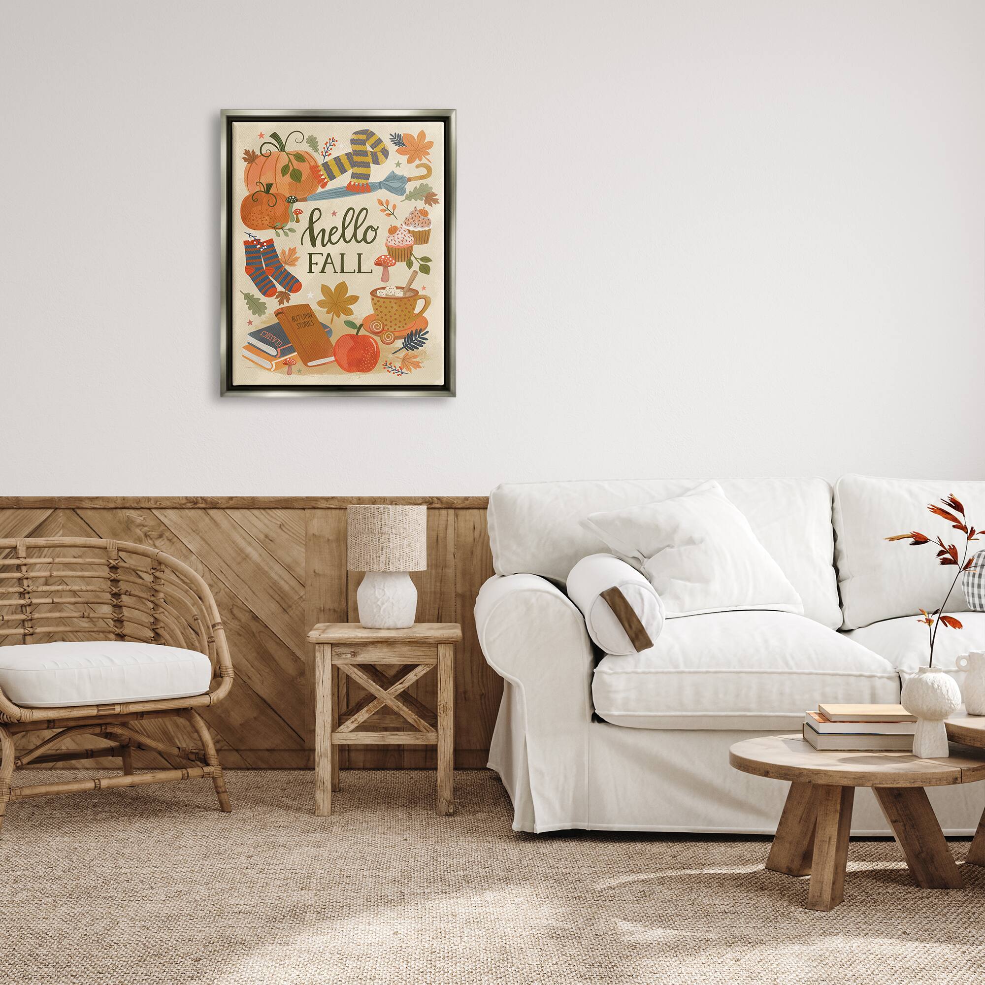 Stupell Industries Hello Fall Cozy Autumn Items Framed Floater Canvas Wall Art