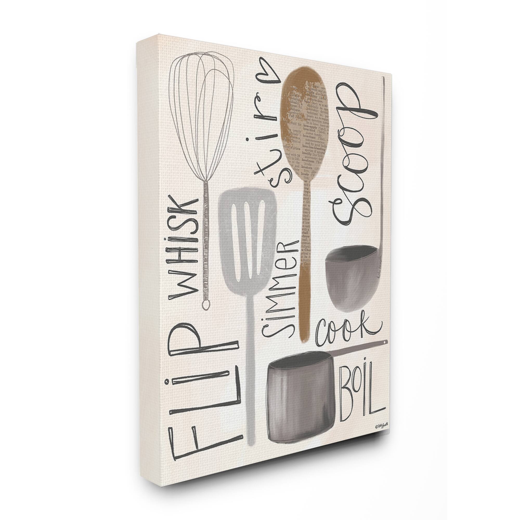 Stupell Industries Flip Whisk Simmer and Stir Kitchen Spoons and Utensils Canvas Wall Art