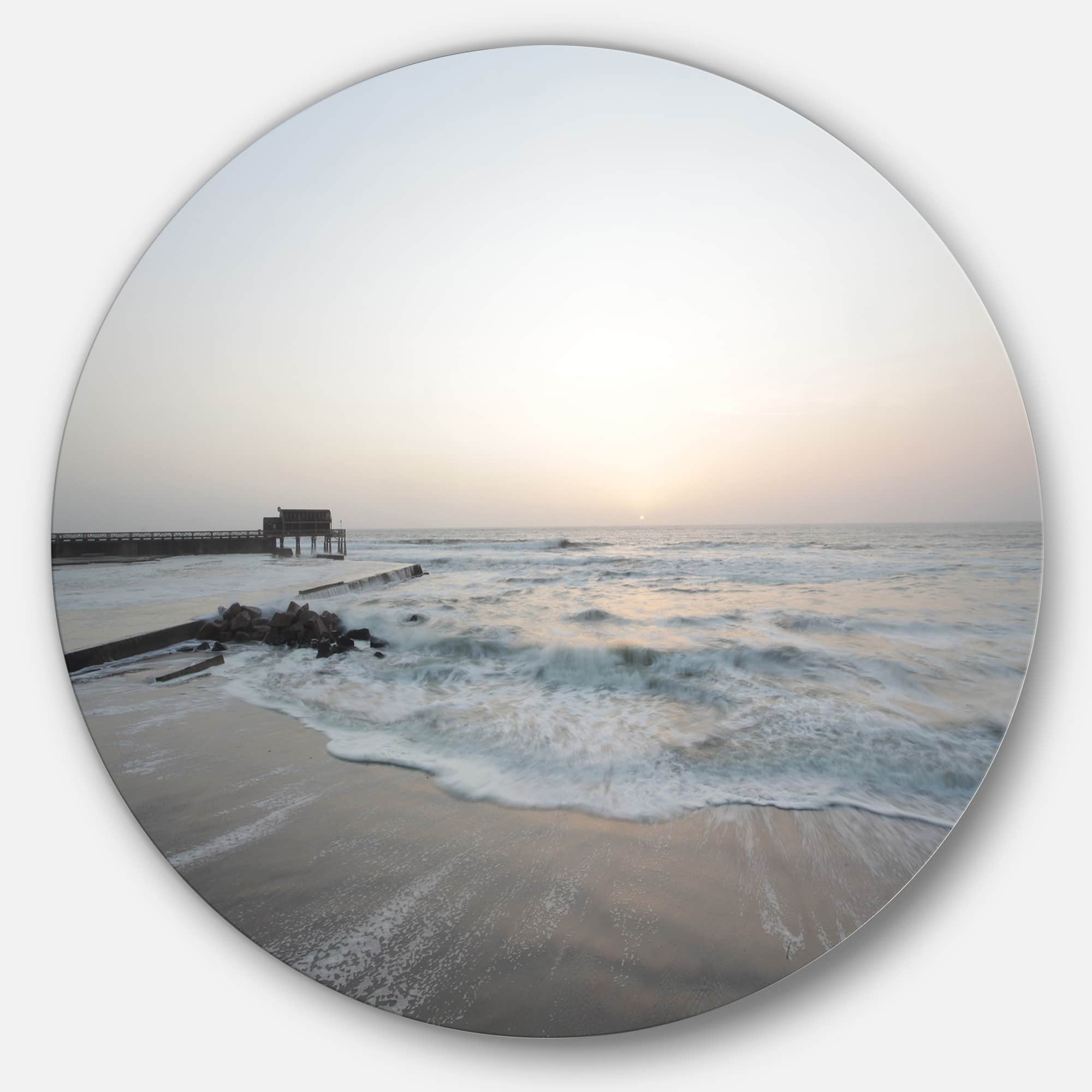 Designart - Serene Blue Beach with White Sun&#x27; Beach Metal Circle Wall Art