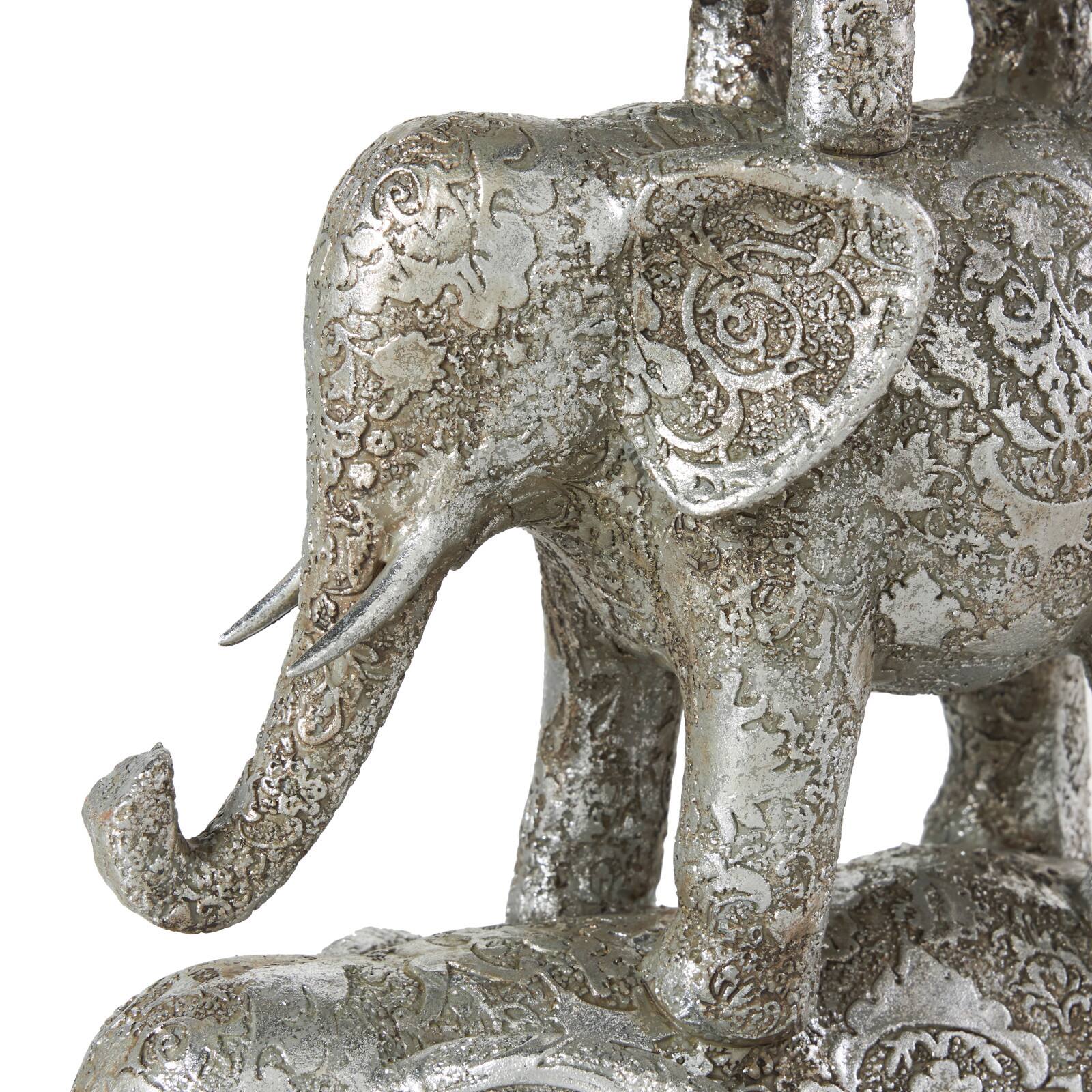 18" Silver Polystone Elephant Floral Engraved Stacked Sculpture