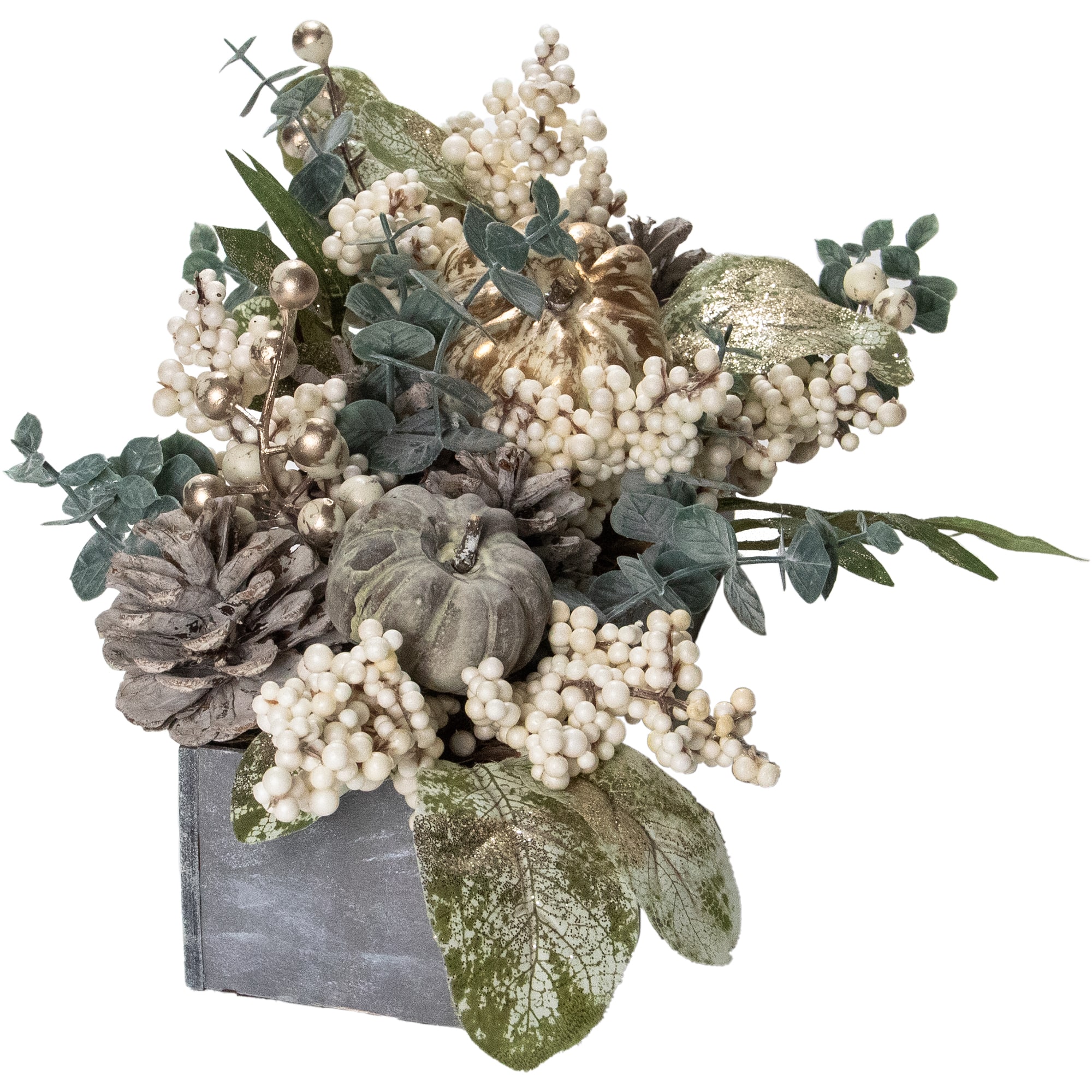 12&#x22; Gray &#x26; Gold Pumpkin &#x26; Leaf Floral Arrangement