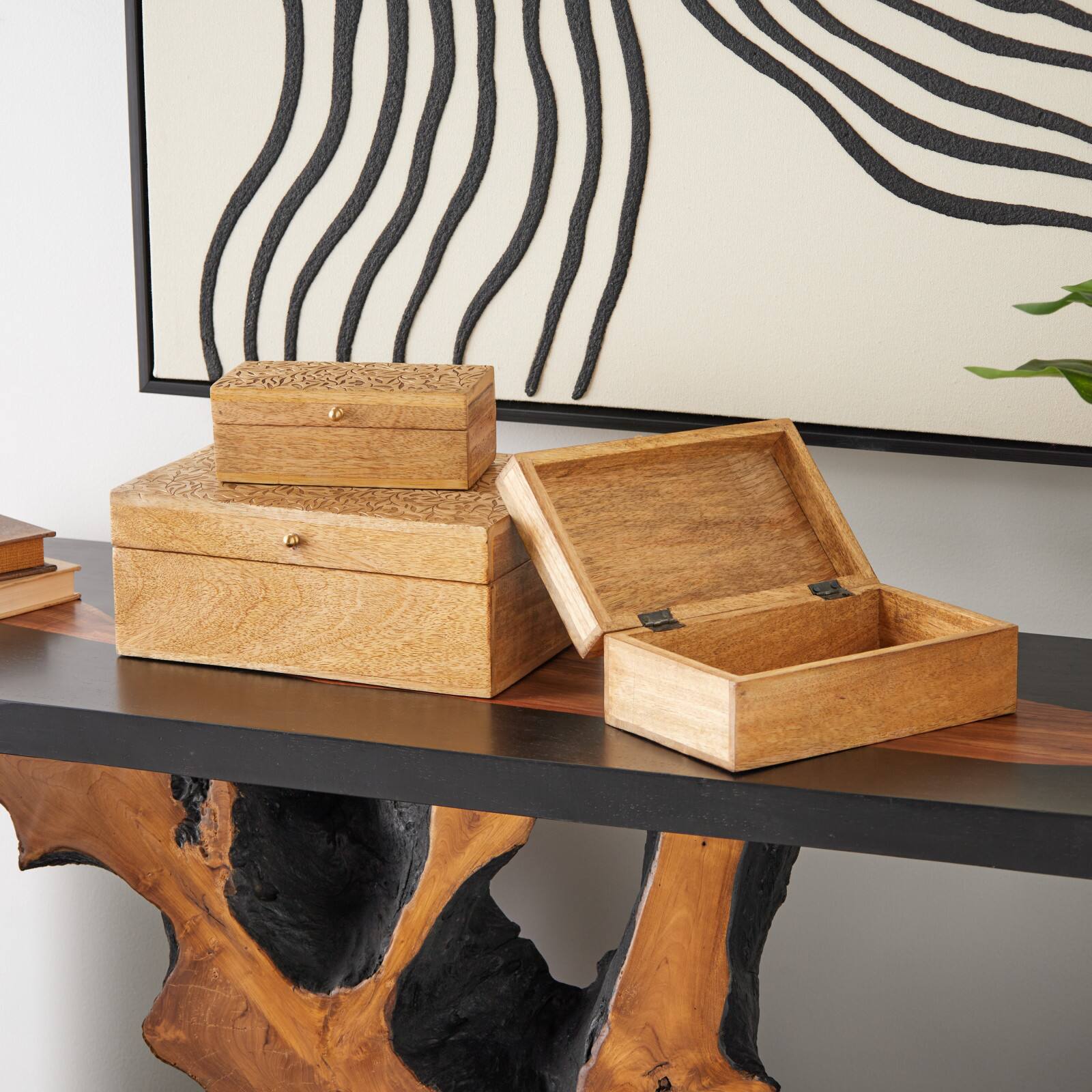 Brown Mango Wood Scroll Handmade Storage Box with Vine Carvings & Gold Accents, 3ct.