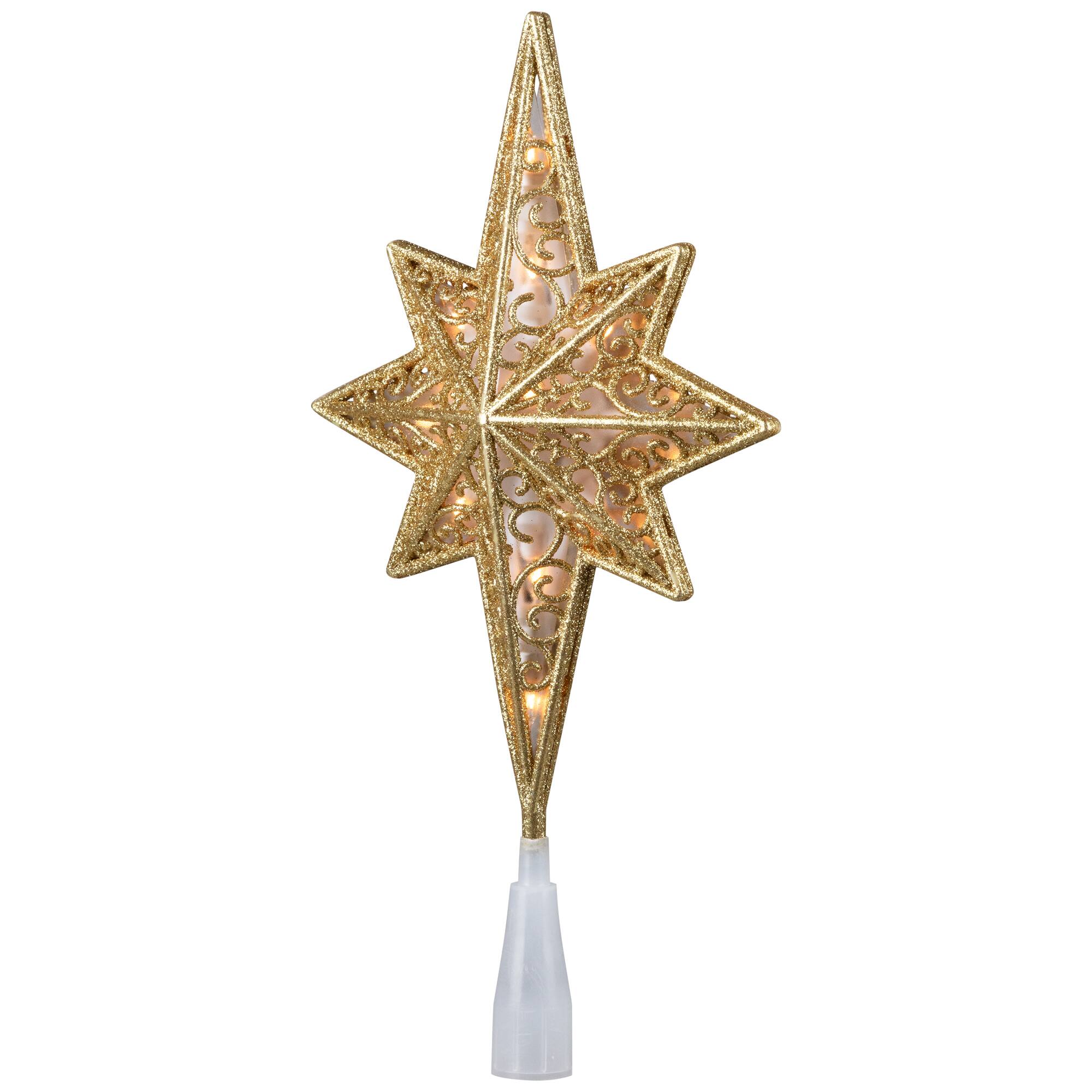 Lighted Frosted Clear and Gold Scroll Star of Bethlehem Christmas Tree Topper - 11&#x22; - Clear Lights