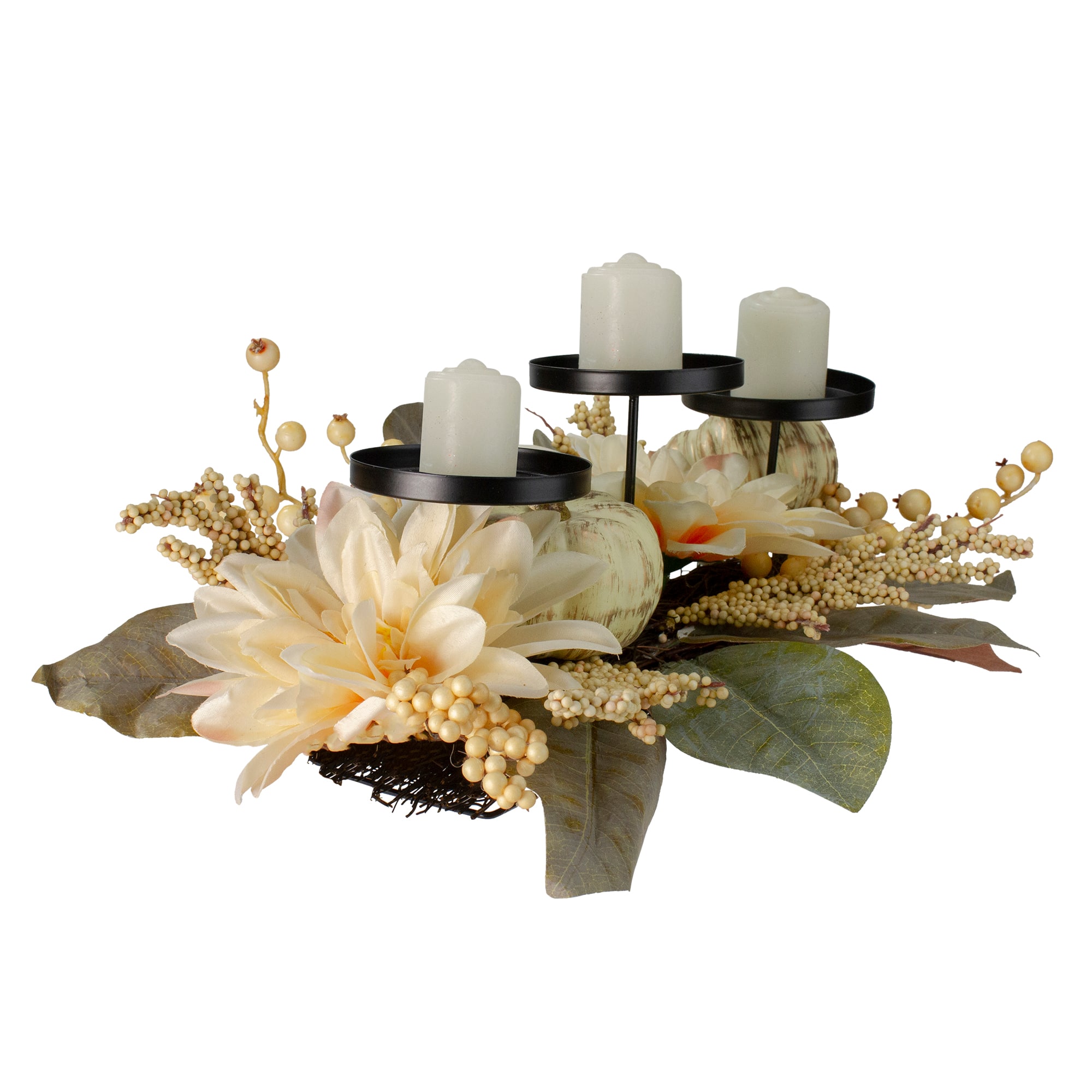 21&#x22; White Dahlia &#x26; Pumpkin Fall Triple Candle Holder