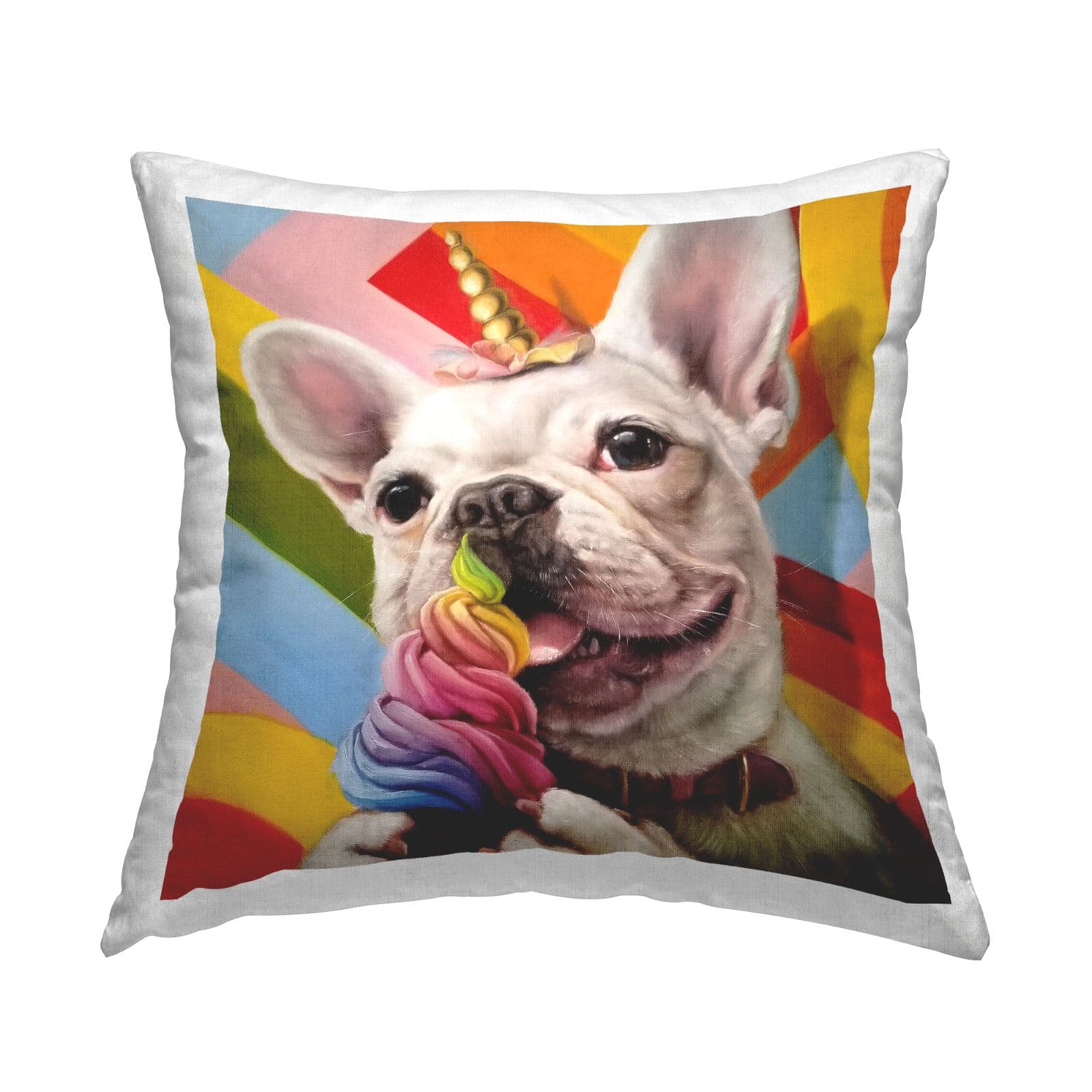 Stupell Industries Rainbow French Bulldog Unicorn Ice Cream Colorful Throw Pillow 18" x 18"