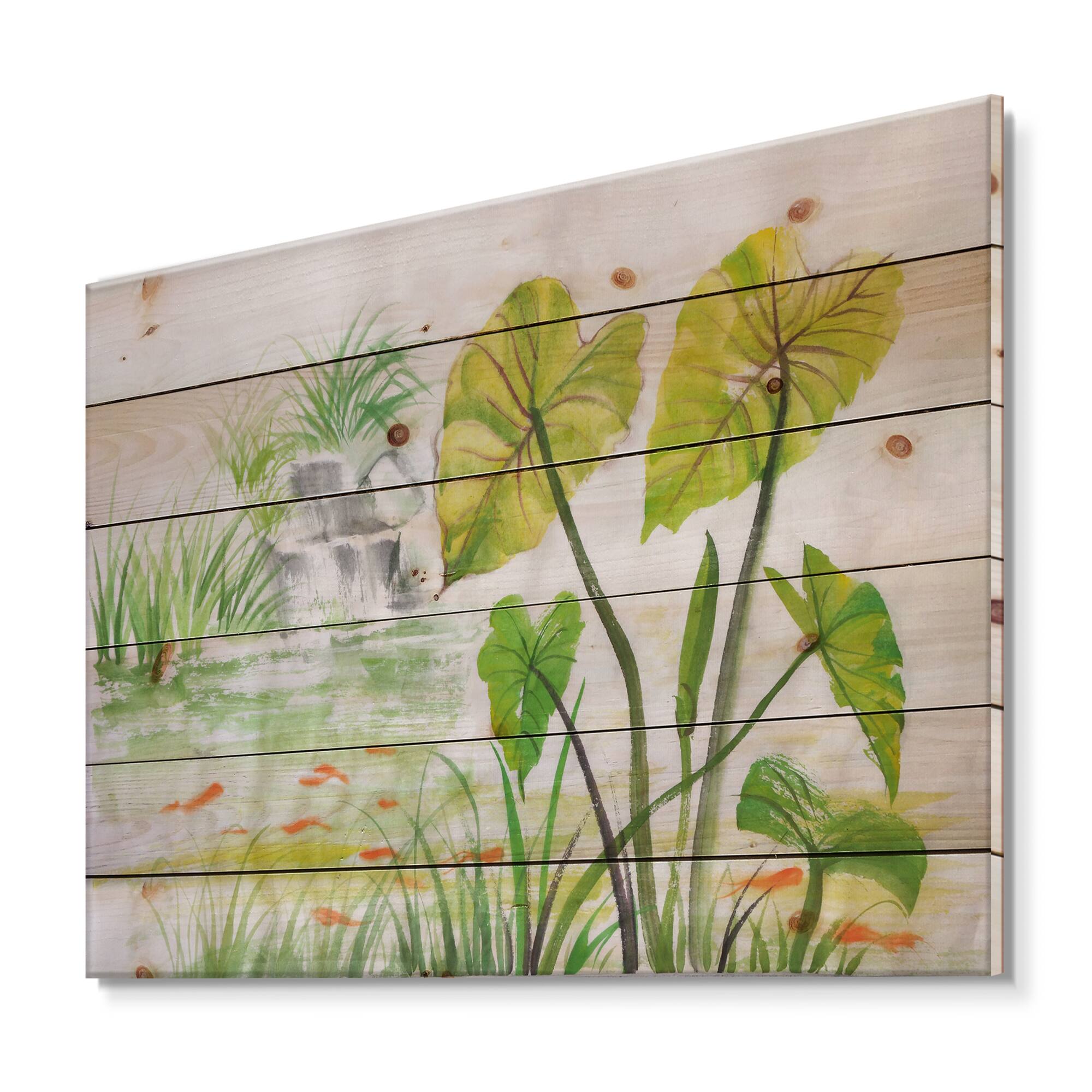 Designart - Vintage Lotus Pond - Lake House Print on Natural Pine Wood