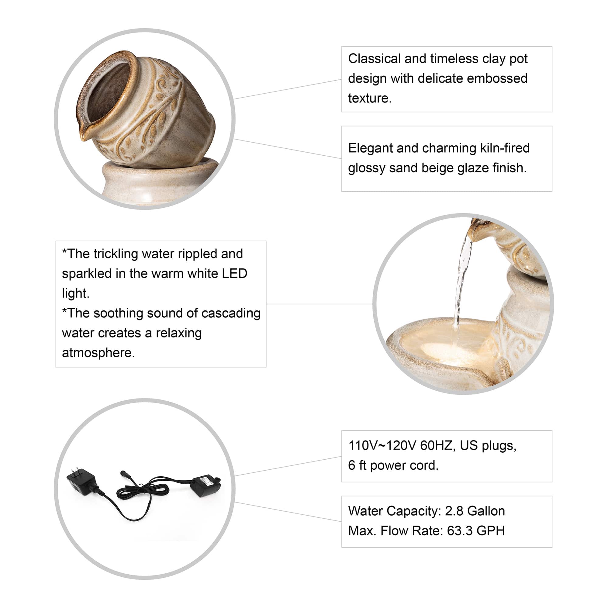 Glitzhome® 27" 4-Tier Sand Beige LED Ceramic Fountain