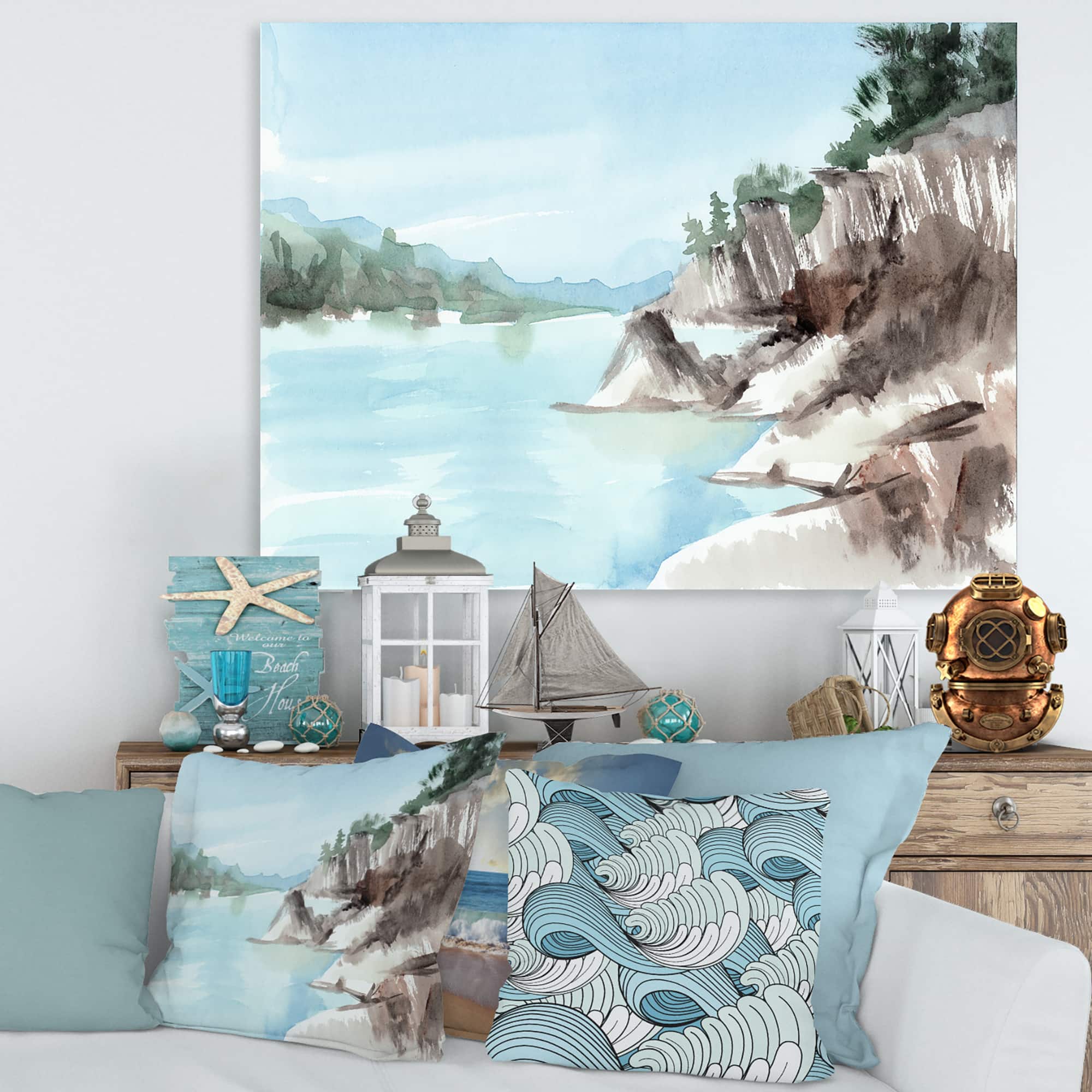 Designart - Rocks By The Blue Lake - Lake House Canvas Wall Art Print