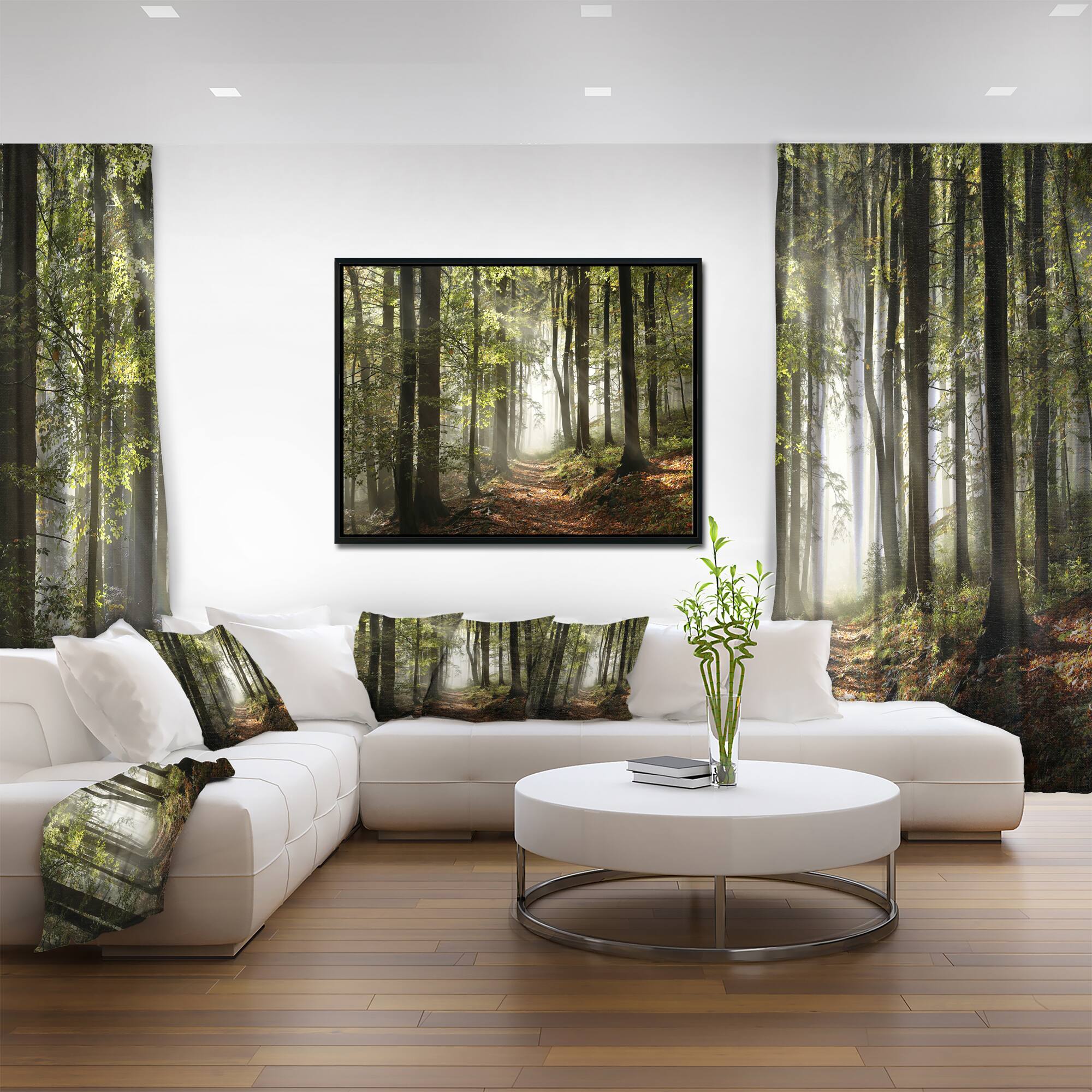 Designart - Green Fall Forest with Sun Rays - Landscape Photography Framed Canvas Print