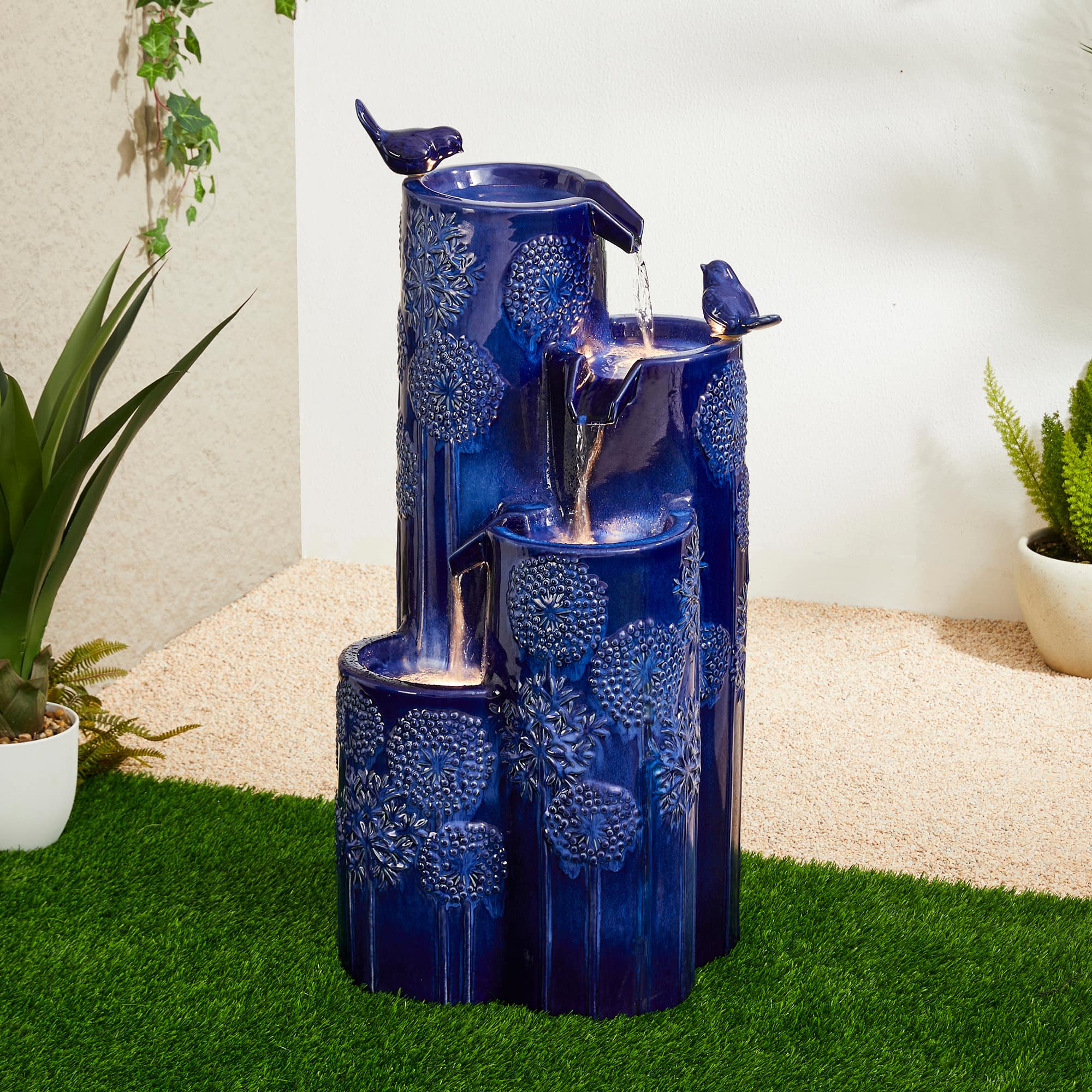 Glitzhome&#xAE; 31.75&#x22; Cobalt Blue 4-Tier Dandelion Texture Vase-Shaped Ceramic Outdoor Fountain with LED Light