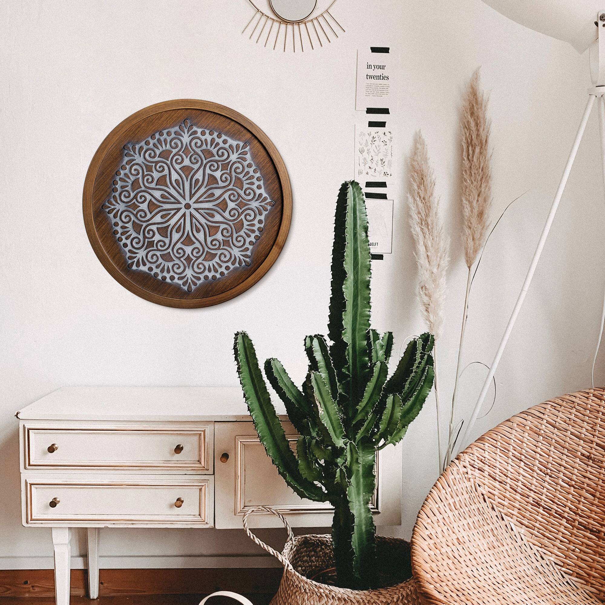 American Art Decor™ 17" Brown and White Boho Rustic Farmhouse Wood Framed Wall Medallion