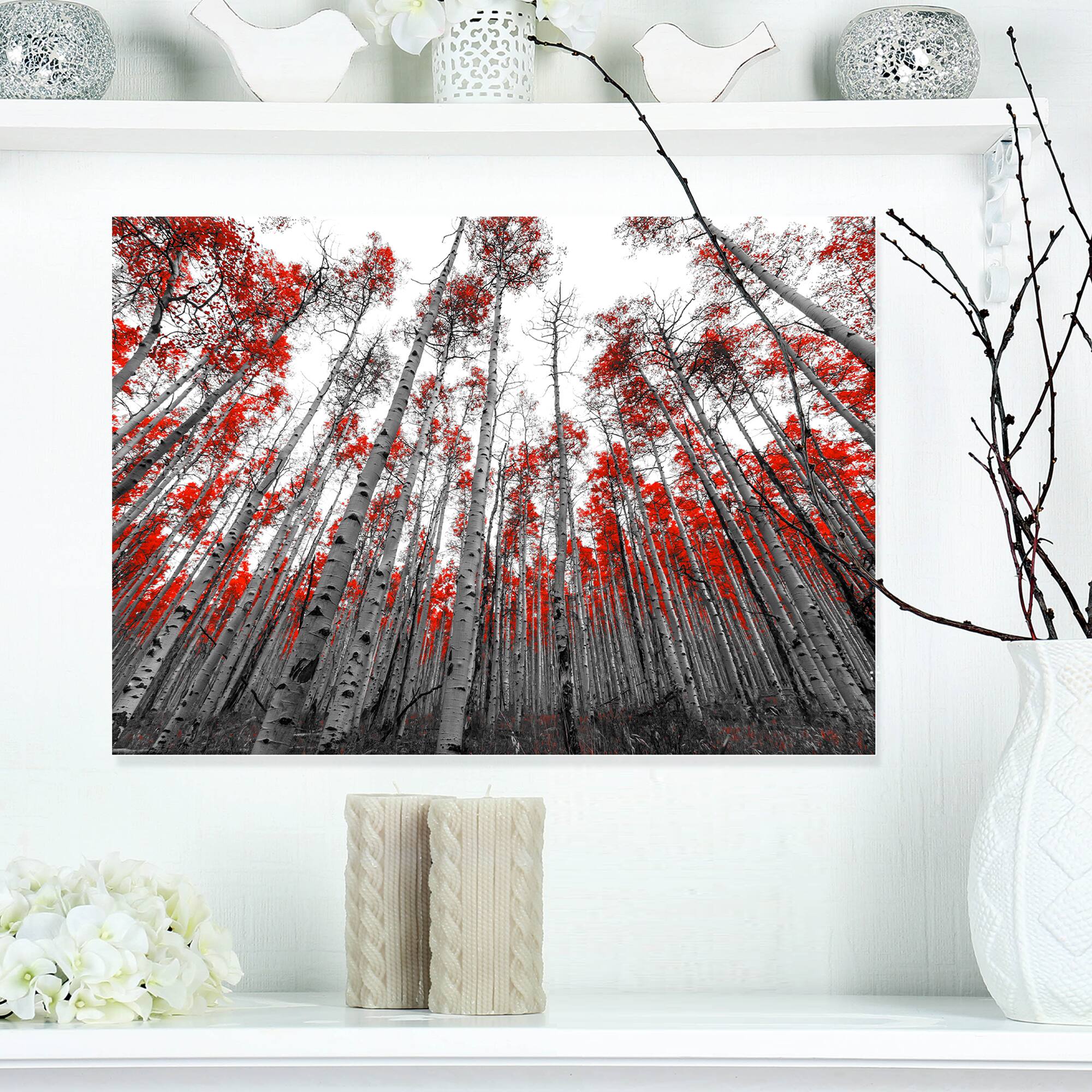 Designart - Red Leaf Trees in Tall Forest - Floral Landscapes Photographic on wrapped Canvas