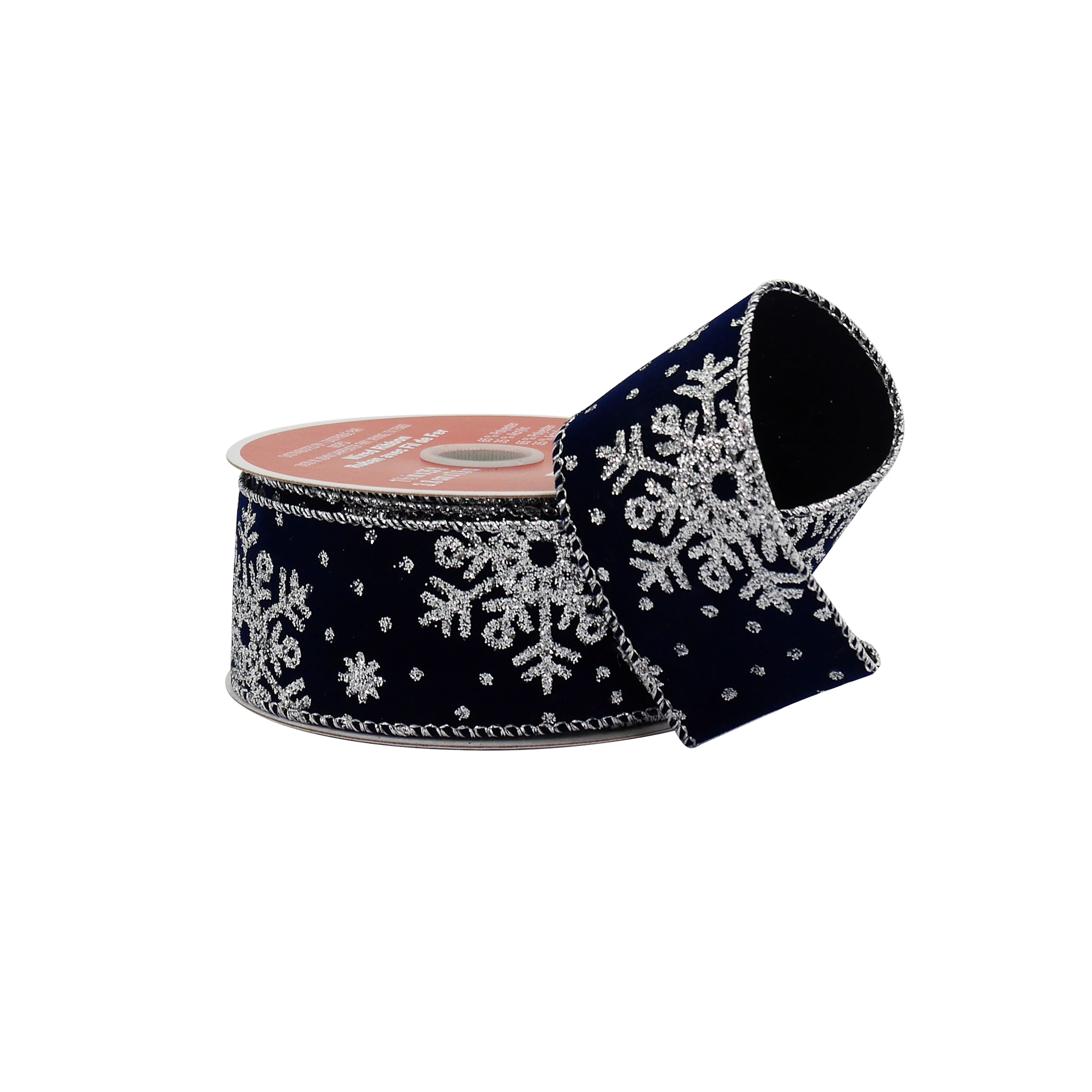 1.5&#x22; x 25ft. Navy &#x26; Silver Snowflake Wired Velvet Ribbon by Celebrate It&#xAE;