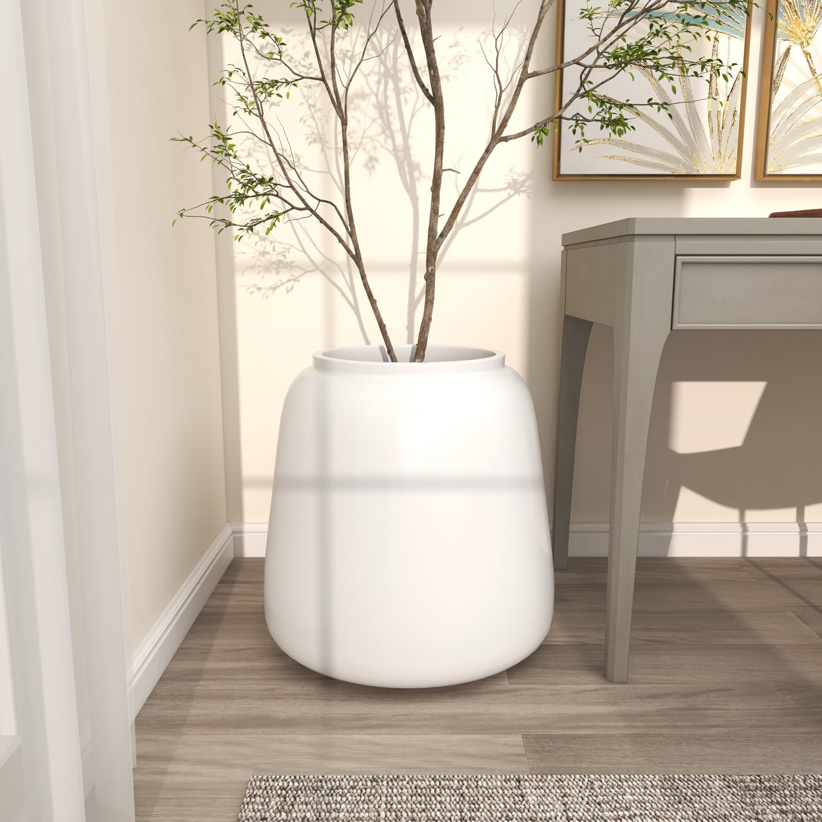 20&#x22; White Modern Wide Floor Vase