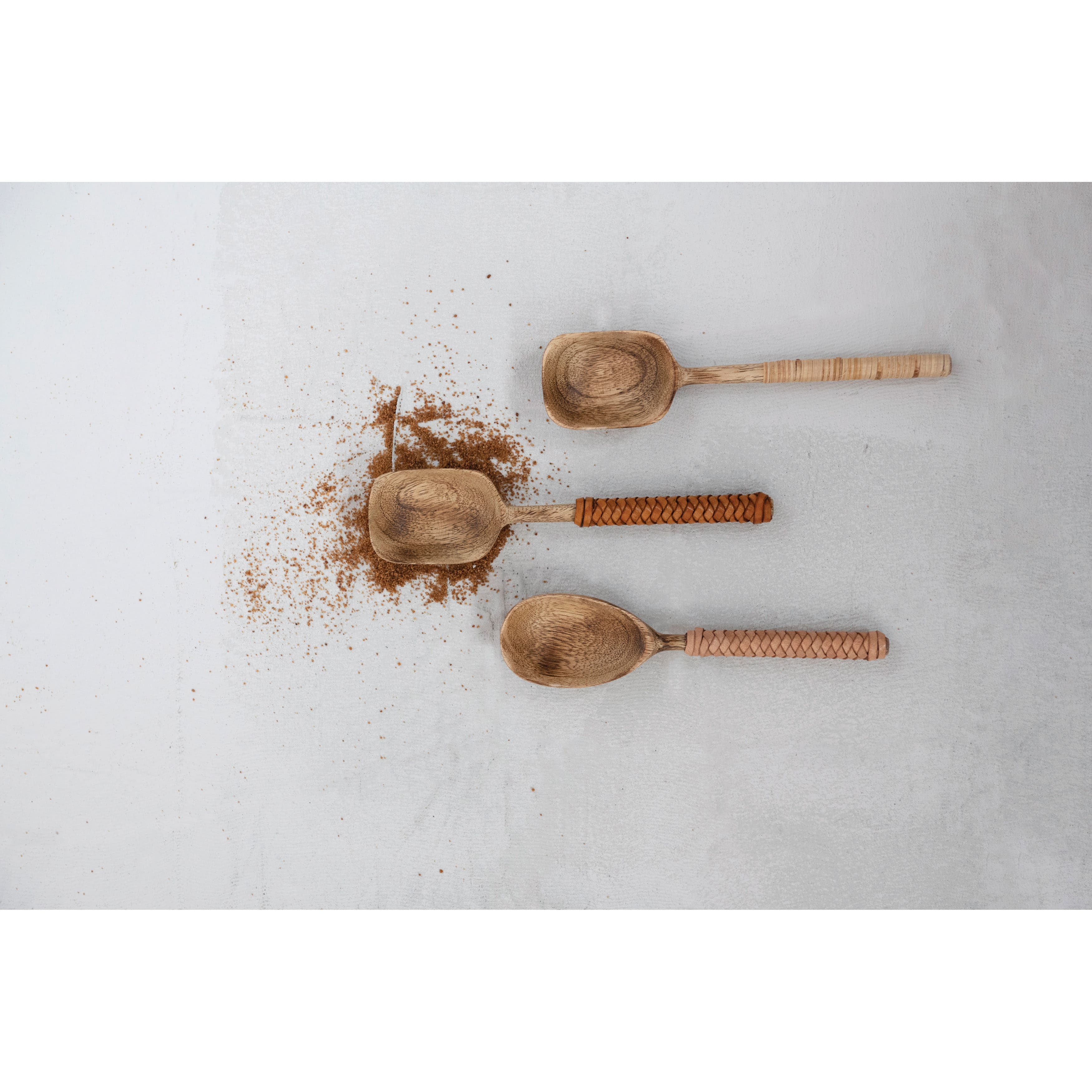 7.5&#x22; Mango Wood Spoons with Bamboo &#x26; Leather Wrapped Handle Set