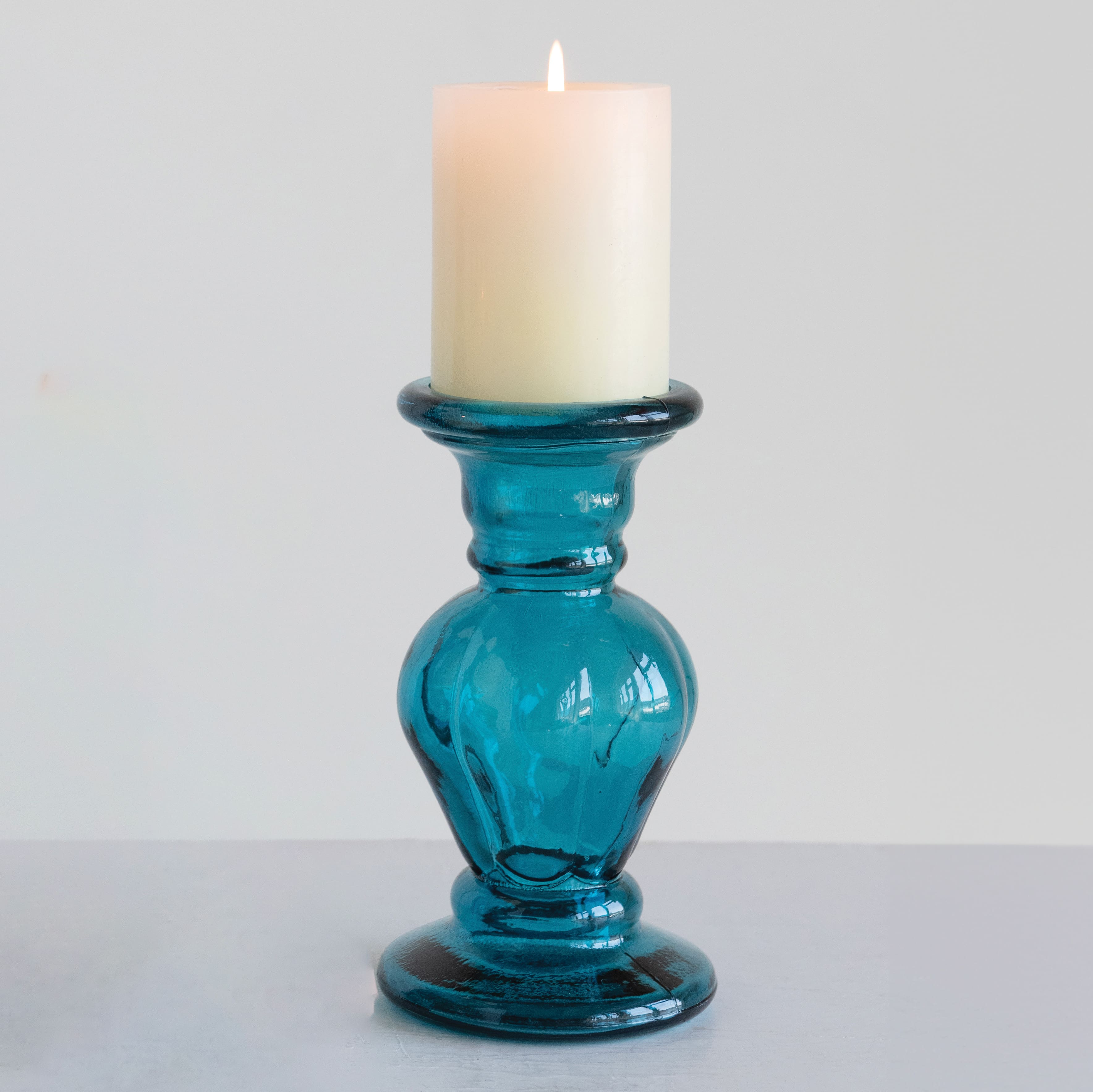 8" Aqua Blue Recycled Glass Pillar Candle Holder