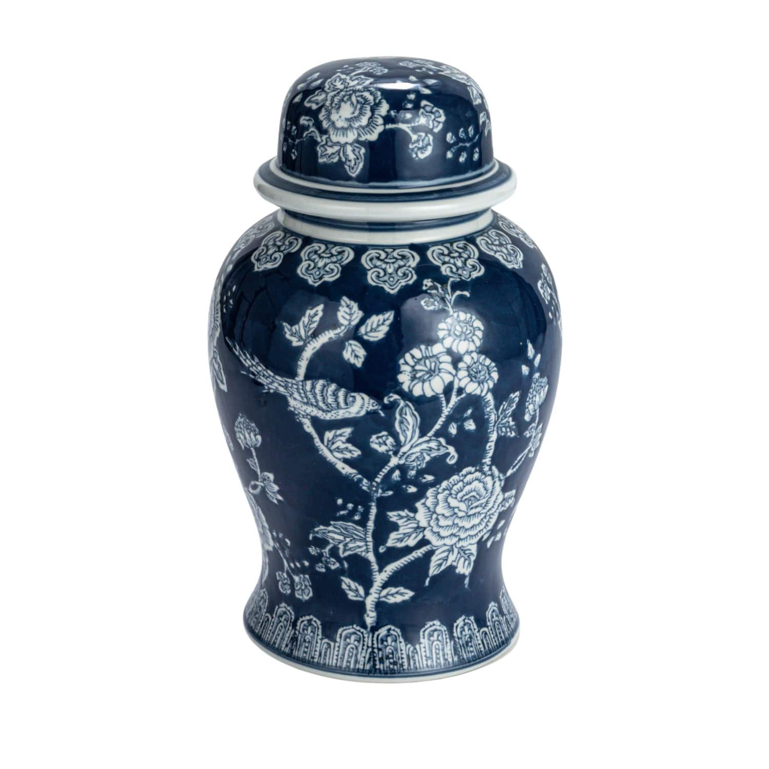 12.5&#x22; Blue &#x26; White Round Ceramic Ginger Jar with Lid