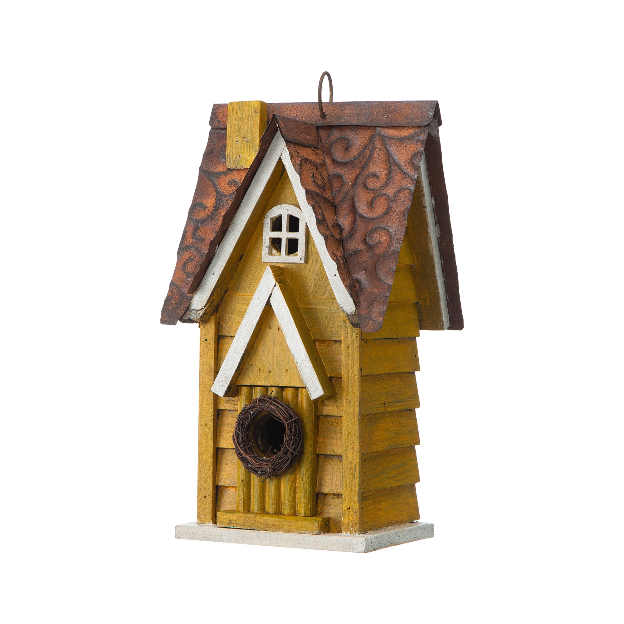 Glitzhome® 12" Retro Yellow Distressed Cottage Birdhouse