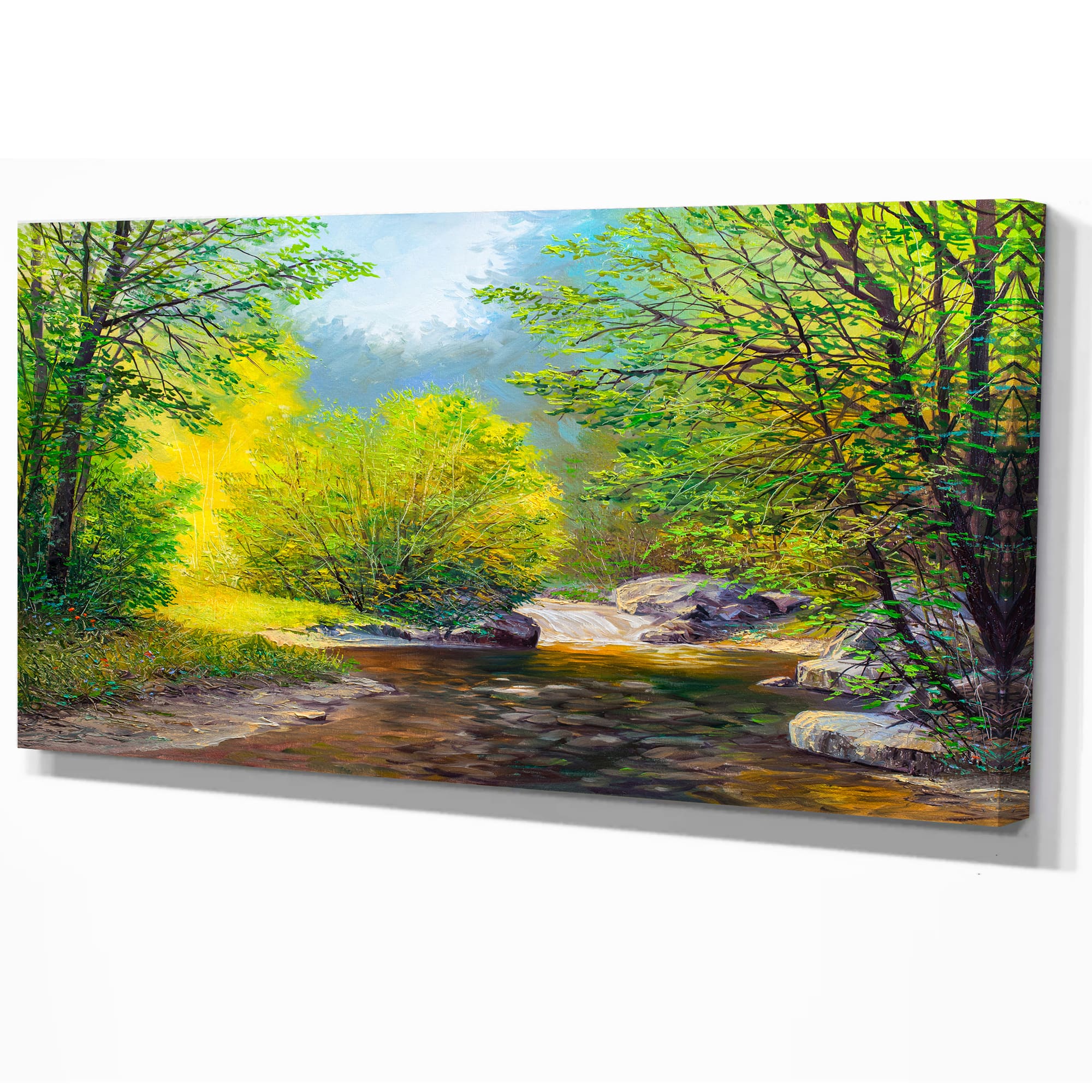 Designart - Summer Forest in Beautiful River - Landscapes Painting Print on Wrapped Canvas