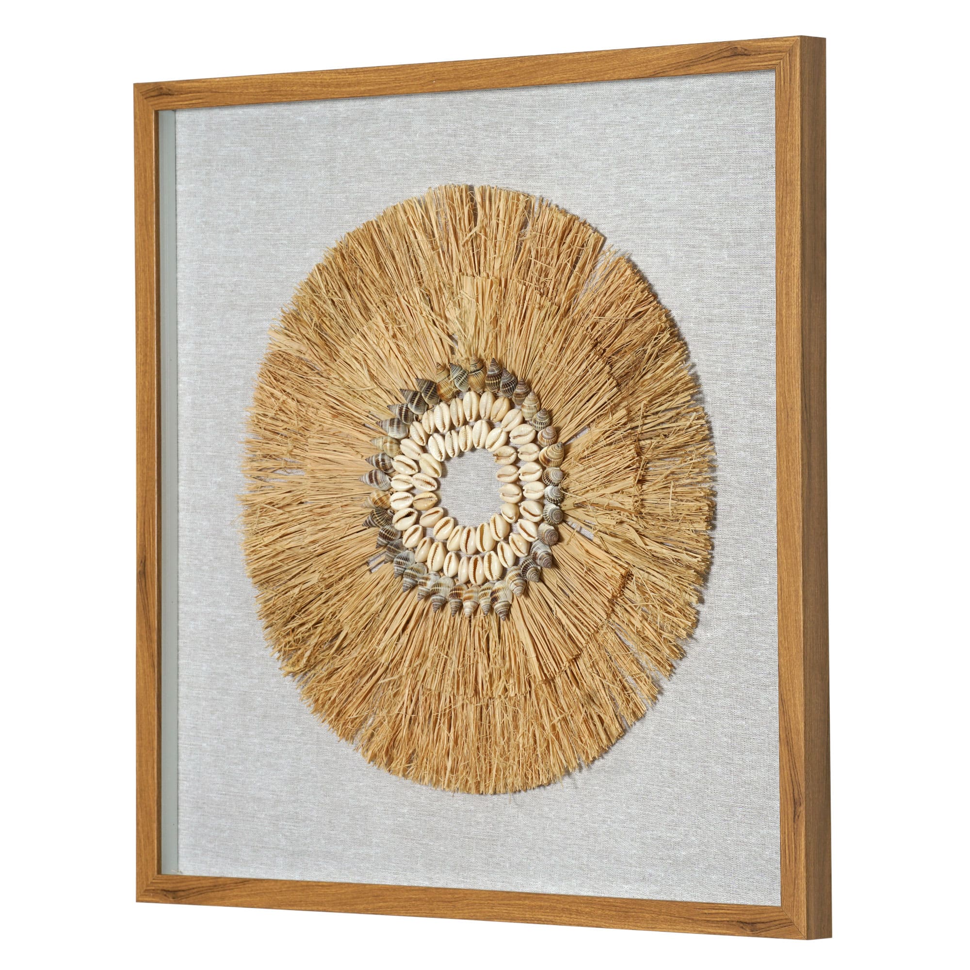 American Art Décor™ 23.5" Boho Handmade Framed Straw Shell and Linen Wall Art Décor