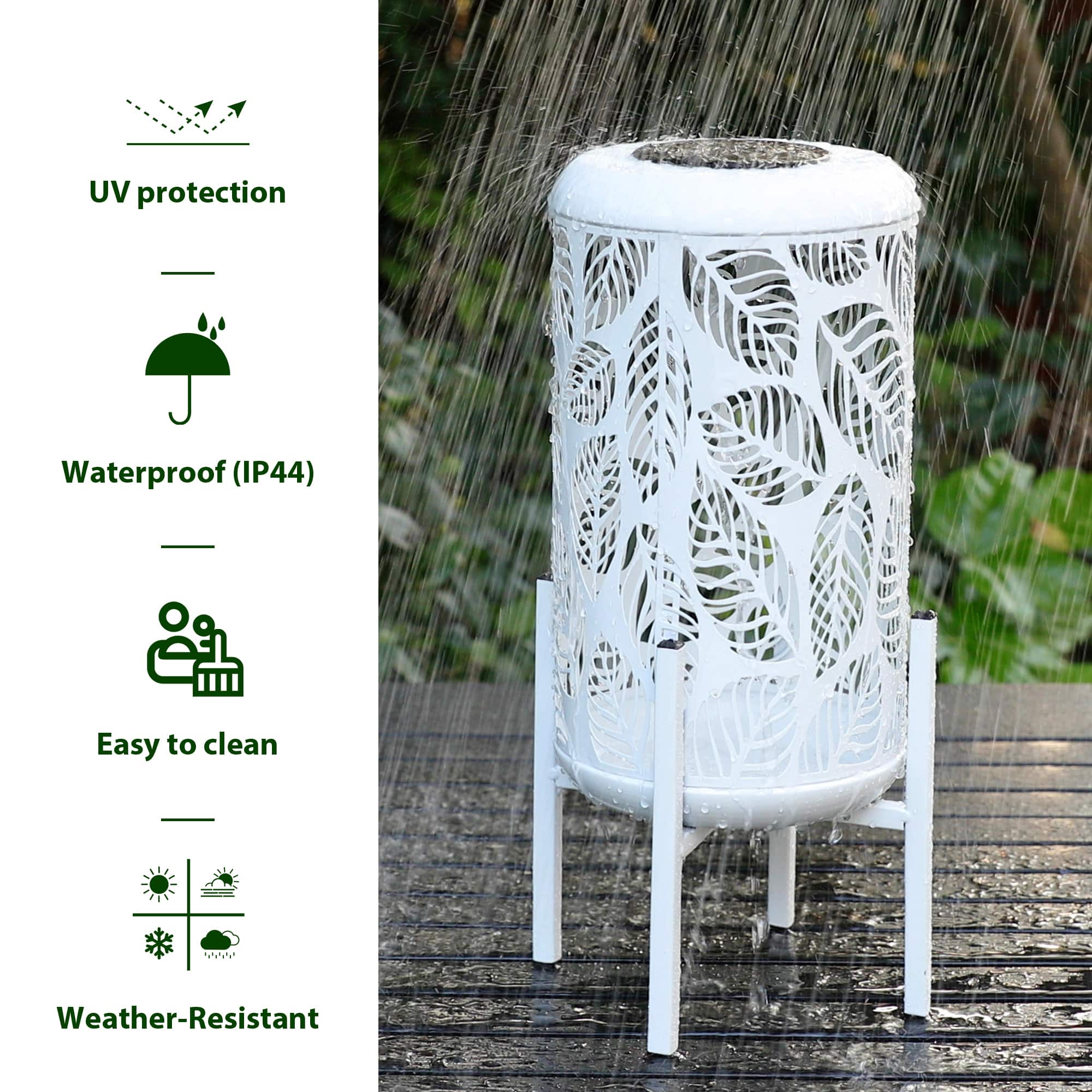 Glitzhome® 14.25" White Metal Cutout Leaves Pattern Solar Powered LED Outdoor Lantern