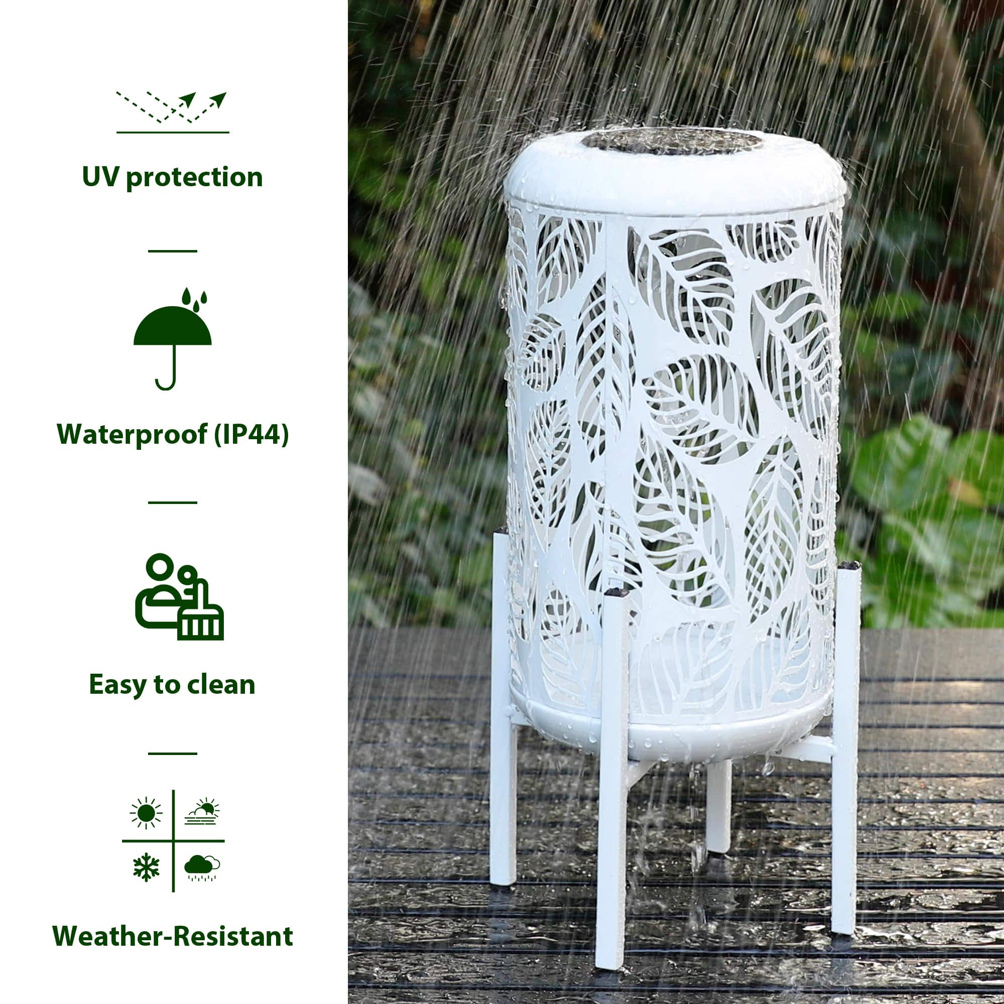 Glitzhome&#xAE; 14.25&#x22; White Metal Cutout Leaves Pattern Solar Powered LED Outdoor Lantern