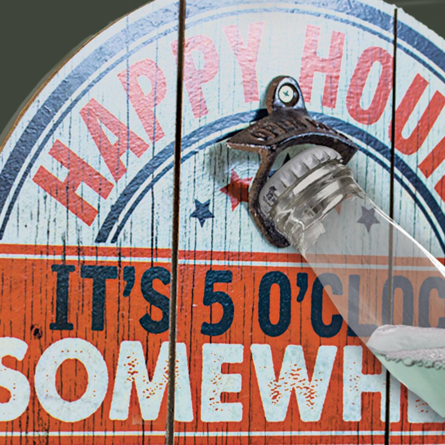 American Art D&#xE9;cor&#x2122; Happy Hour It&#x27;s 5 O&#x27;clock Somewhere Bottle Opener &#x26; Cap Catcher Wall D&#xE9;cor