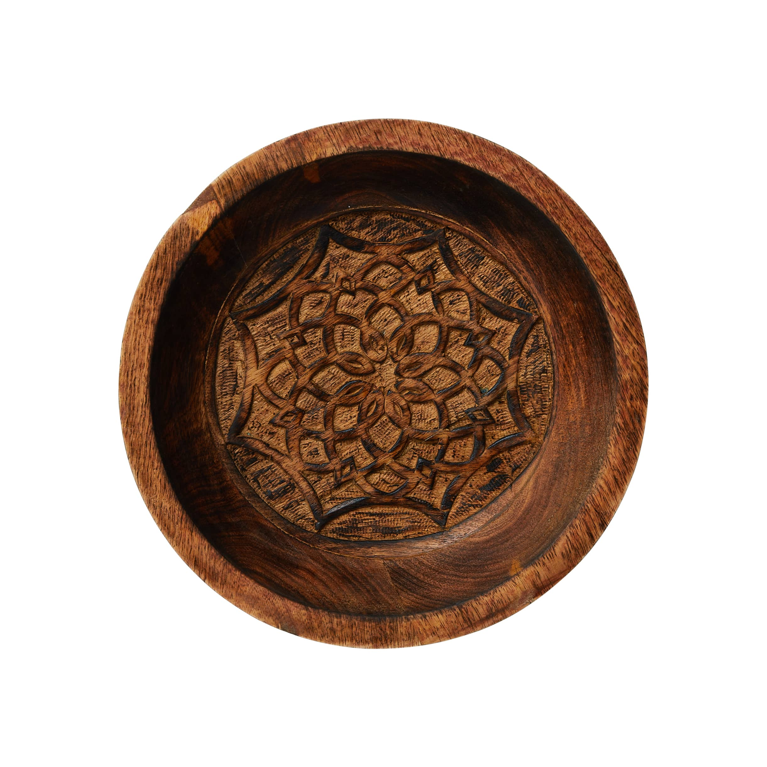 11.5&#x22; Natural Boho Carved Wood Bowl with Floral Designs