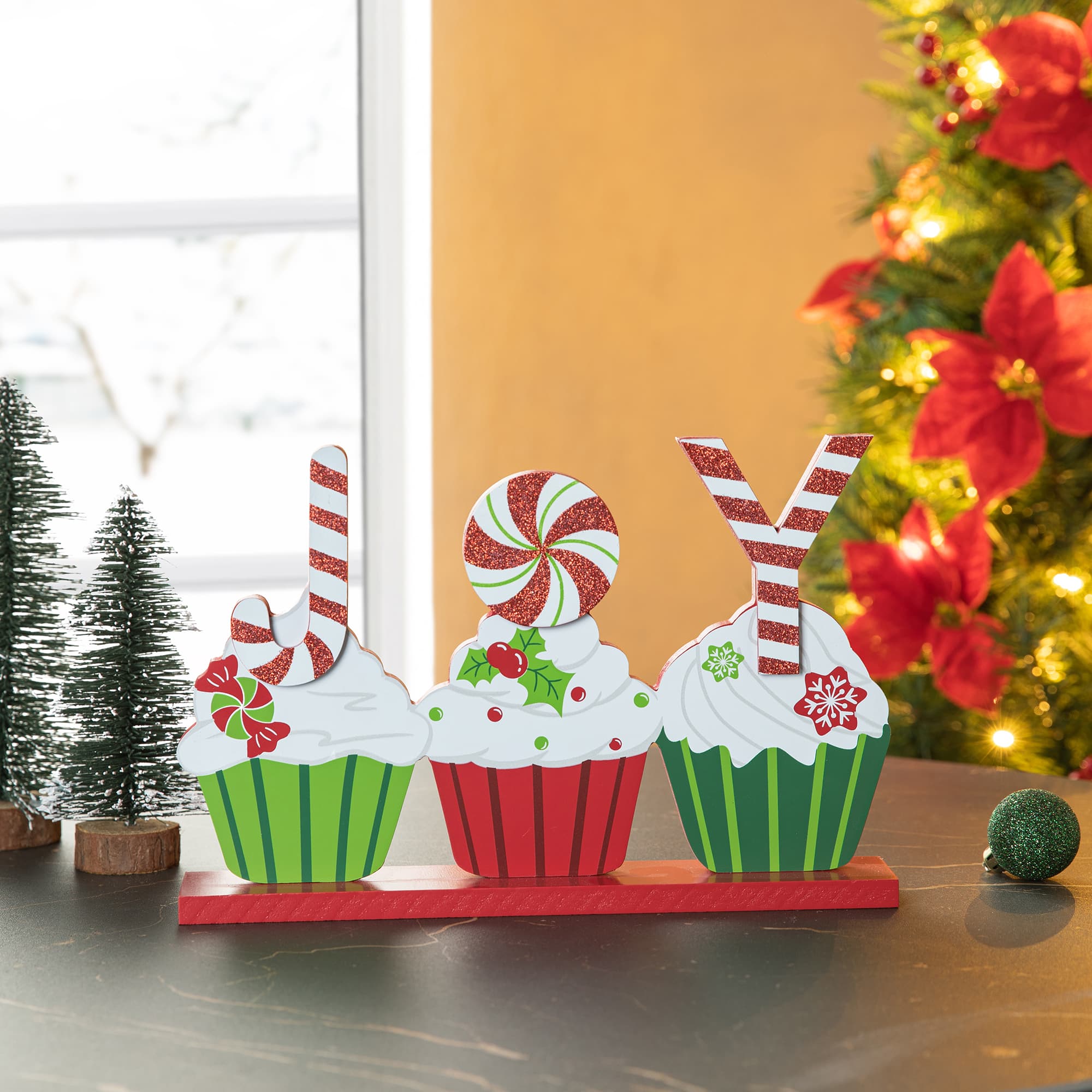 Glitzhome&#xAE; 12&#x22; Christmas Cupcake JOY Table D&#xE9;cor