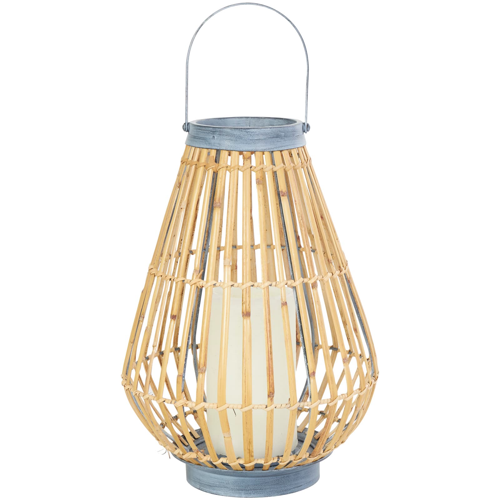 16" Brown Bamboo Handmade Open Framed Candle Lantern with Blue Metal Accents & Handle