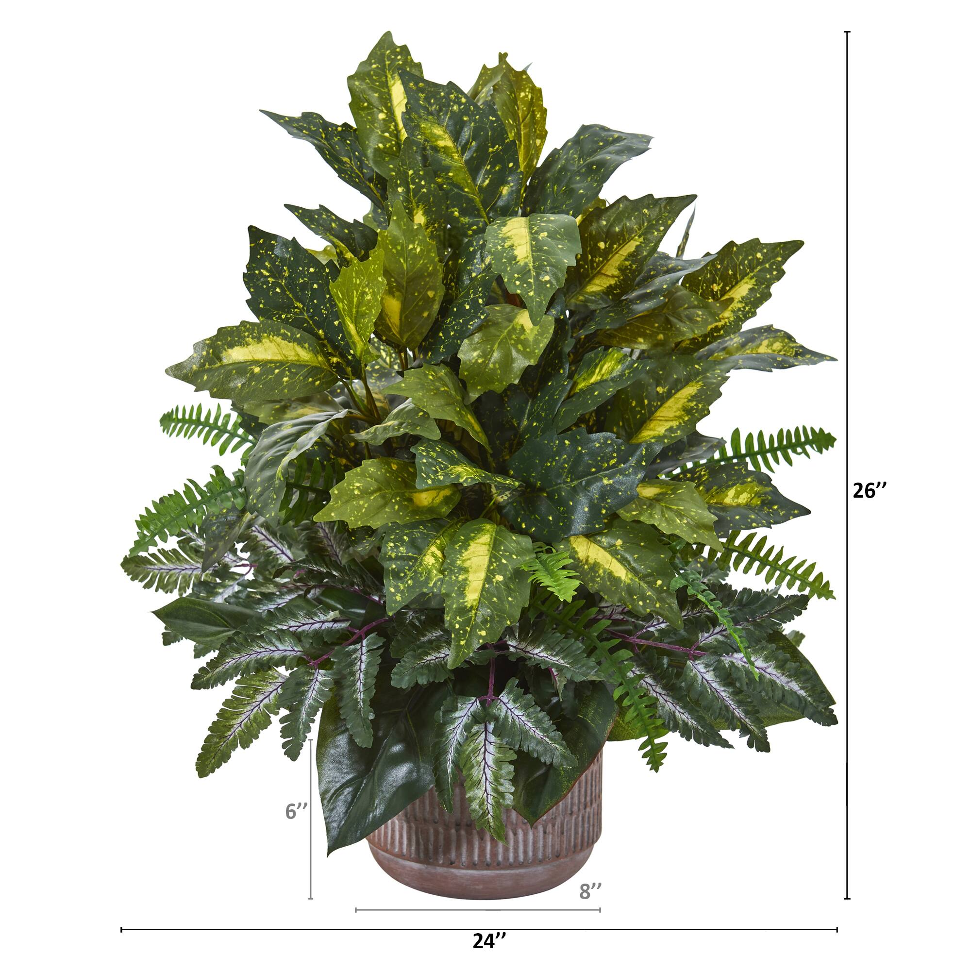 26&#x22; Mixed Green Leaf Artificial Plant in Stoneware Planter