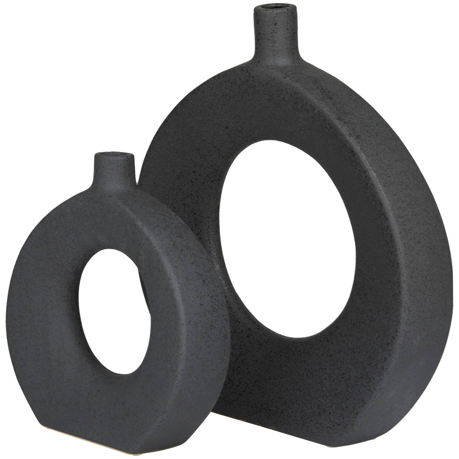 CosmoLiving by Cosmopolitan Black Ceramic Round Donut Shaped Vase Set of 2 15&#x22;, 10&#x22;