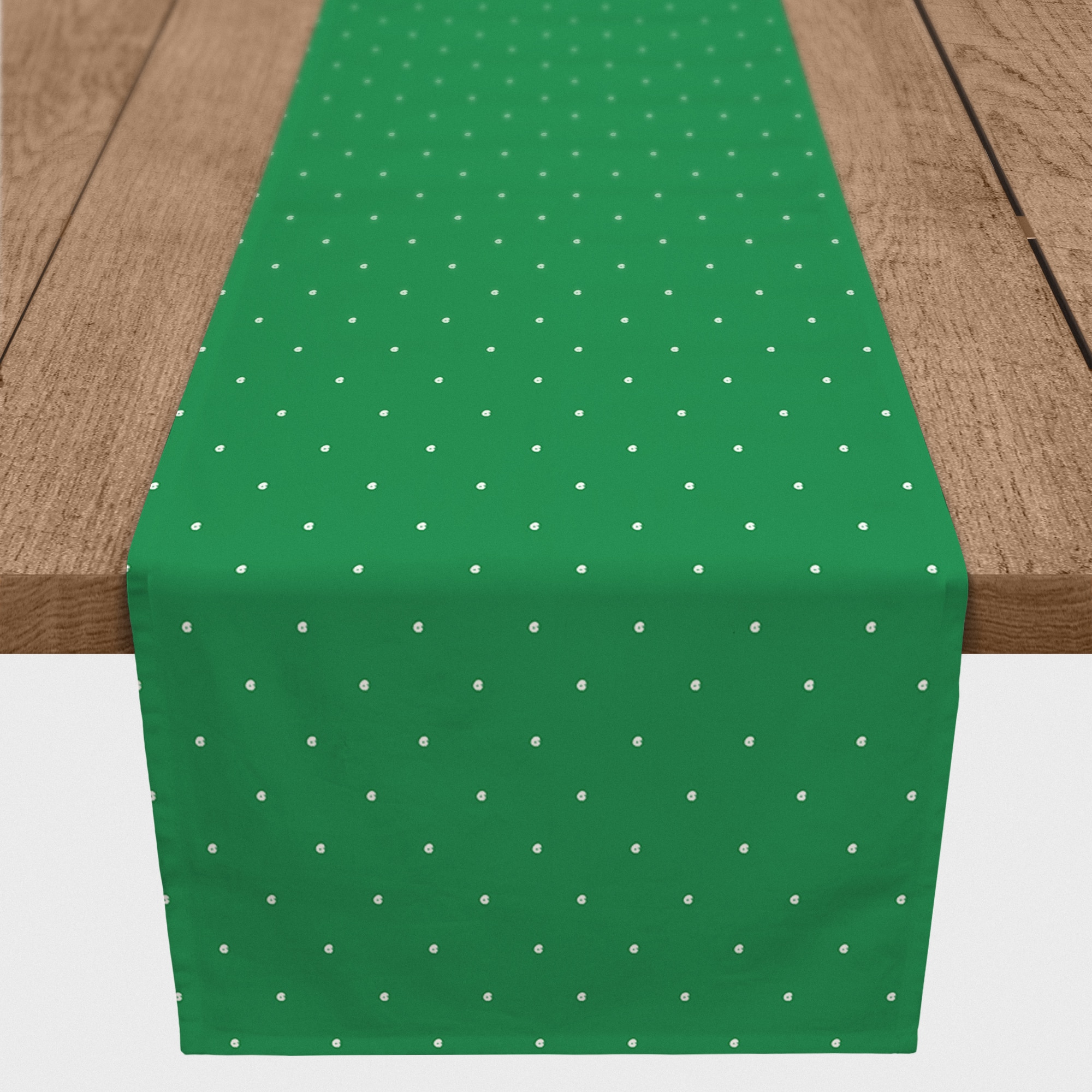 72&#x22; White Dots on Green Poly Twill Table Runner