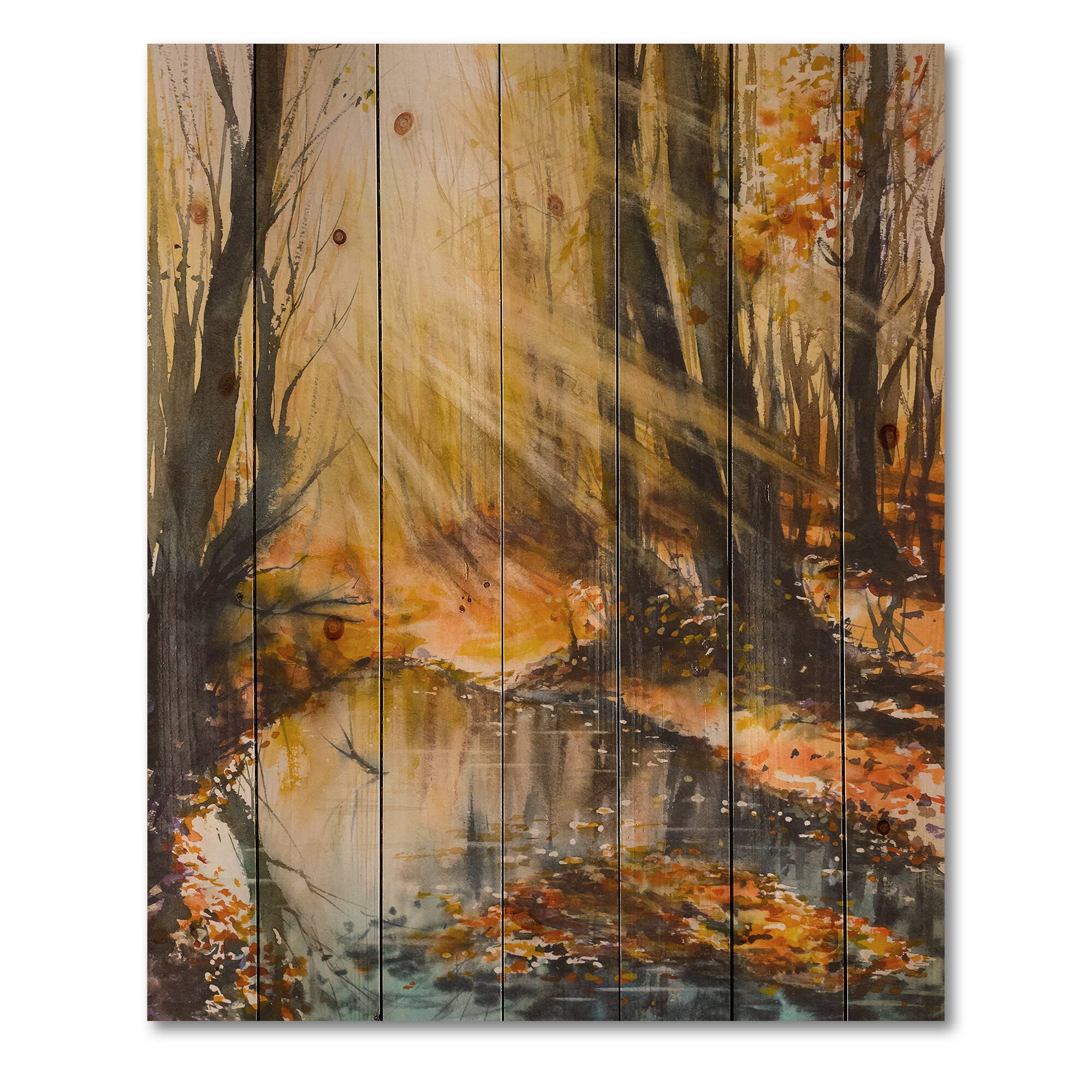 Designart - Bright Sunshine Through The Forest Trees III - Lake House Print on Natural Pine Wood