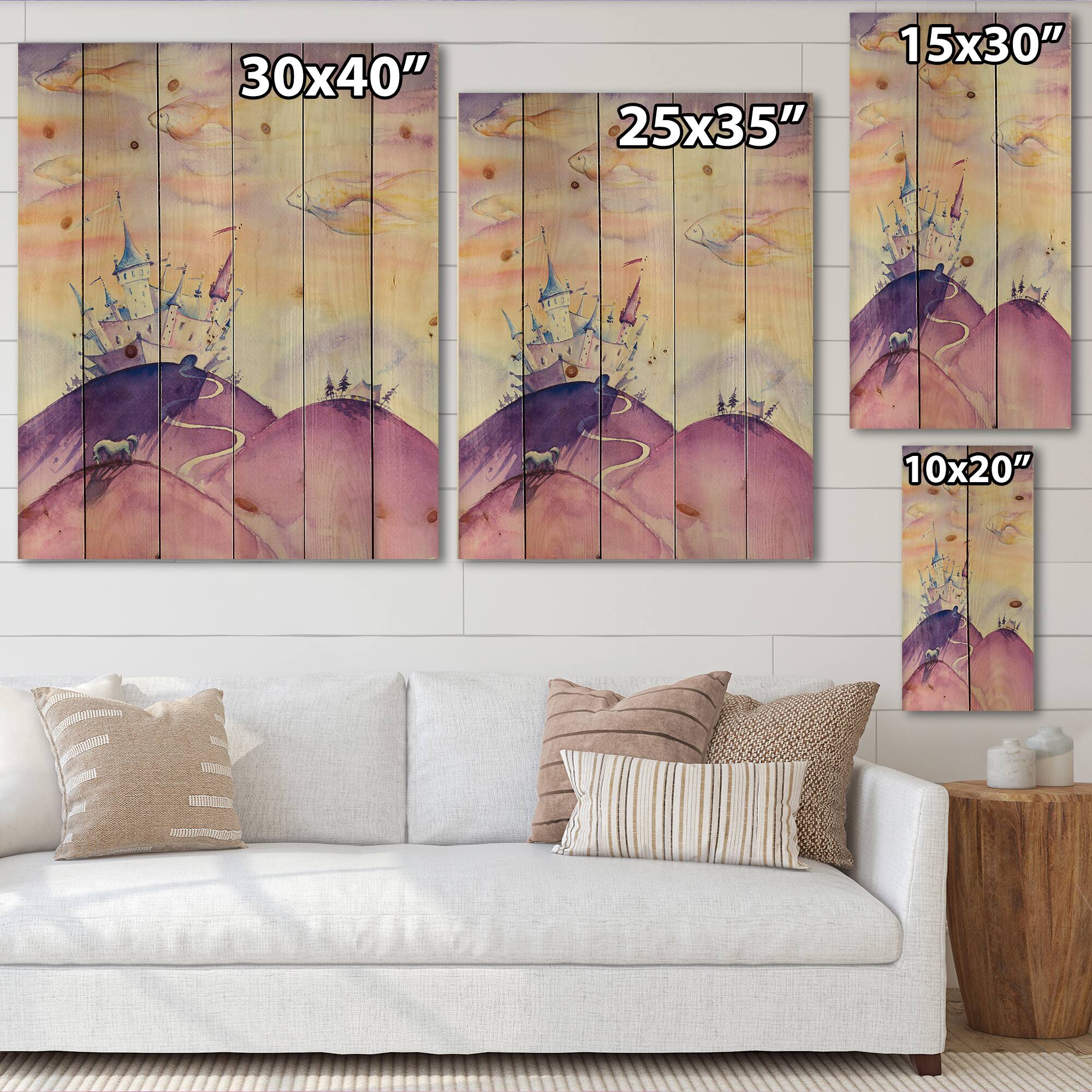 Designart - Fairy Tale Kingdom On Purple Mountain Top - Children&#x27;s Art Print on Natural Pine Wood